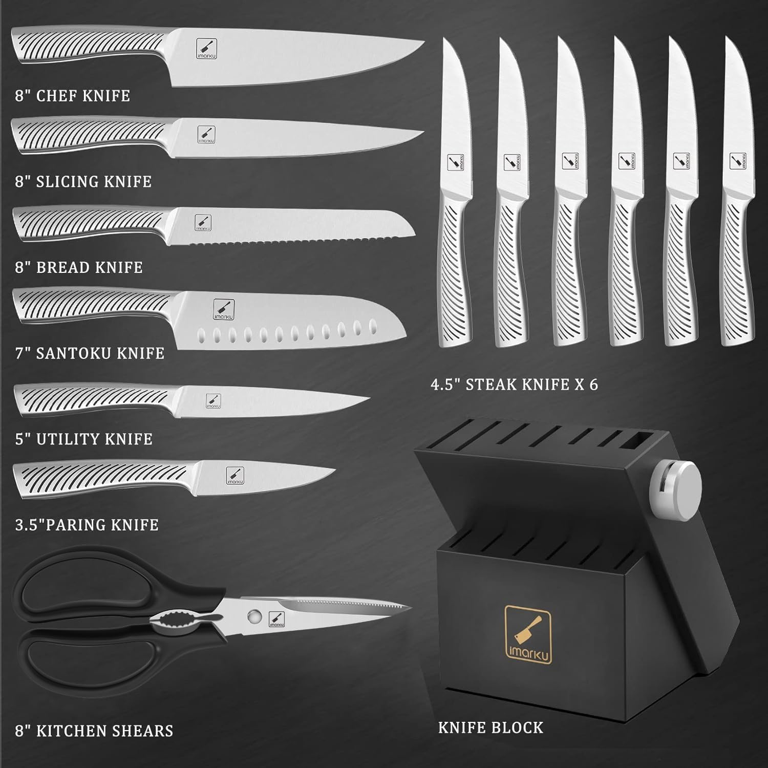 imarku Knife Set - Knife Sets for Kitchen with Block, 14PCS High Carbon Stainless Steel Kitchen Knife Set, Dishwasher Safe Knife Block Set with Ergonomic Handle, Valentine's Day Gifts