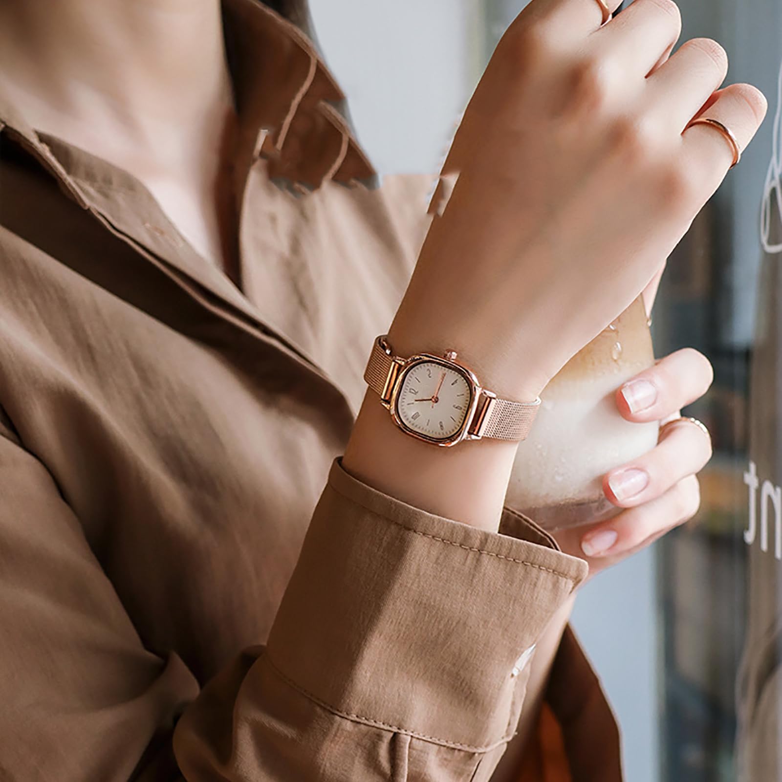 BESTKANG Women's Mesh Bracelet Watch Retro Square Stainless Steel Ladies Watch Dress Waterproof Analog Quartz Watches for Women (Gold White)