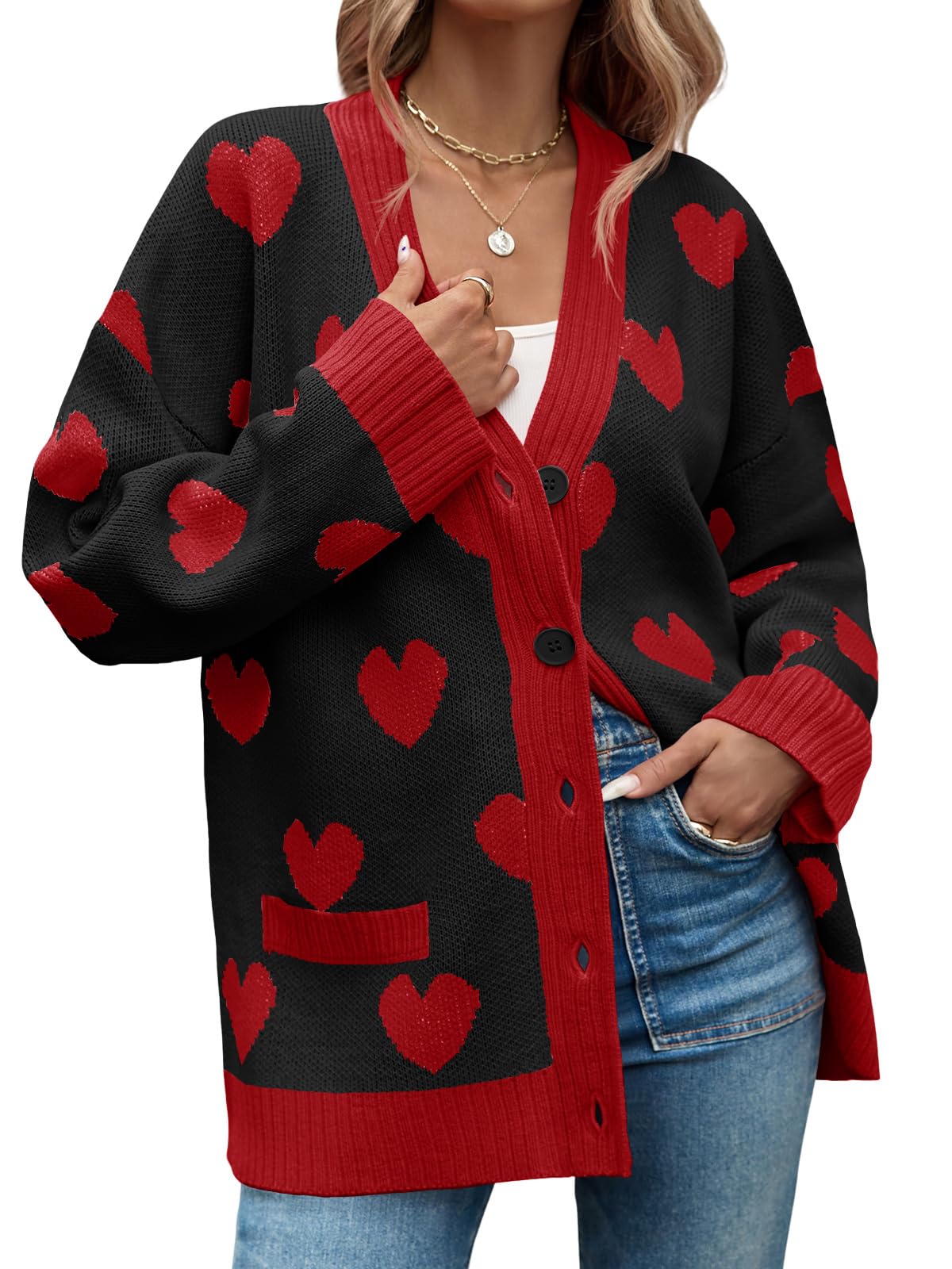 Saodimallsu Womens Oversized Heart Cardigan Color Block V Neck Button Long Sleeve Chunky Valentines Sweaters Black