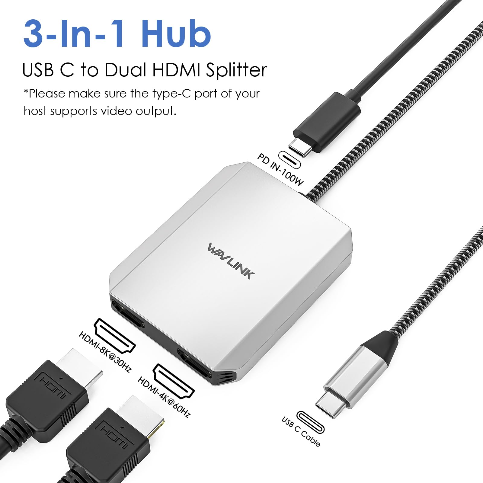 USB C to Dual HDMI Adapter, WAVLINK Dual 4K@60hz HDMI Adapter with 100W Power Delivery for Dell XPS, HP, Lenovo, Thunderbolt 3/4 Laptops, Windows systerm Laptops