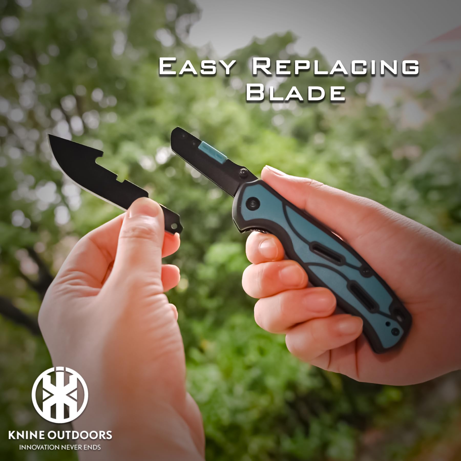KNINE OUTDOORS Hunting Pocket Knife with Replaceable Blades and Clip, Skinning and EDC for Deer Hunting, With 9 Blades (Blue)