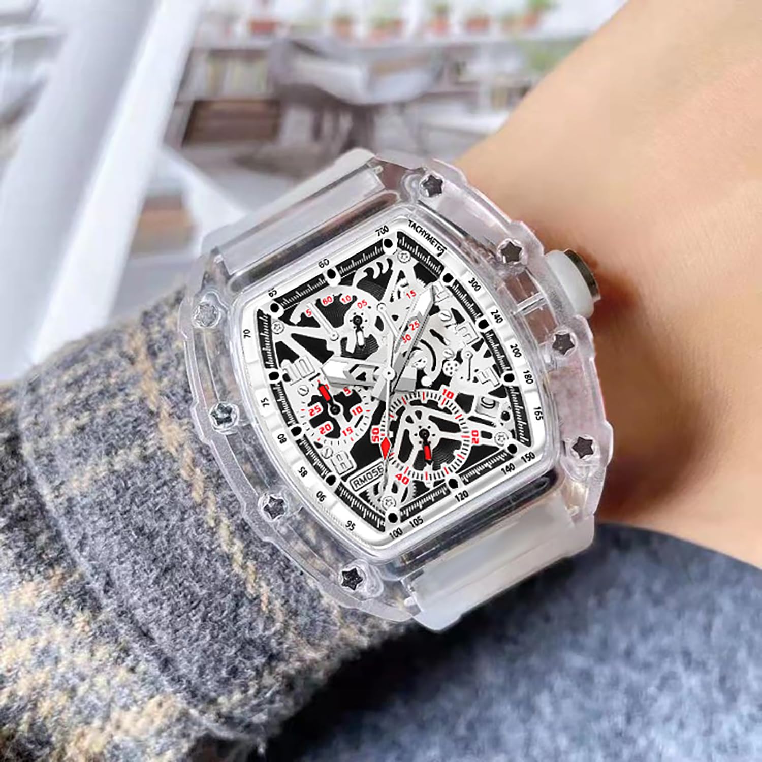BESTKANG Fashion Hollowed Men Watches Transparent Tonneau Analog Display Quartz Date Waterproof Male Wrist Watch (White)