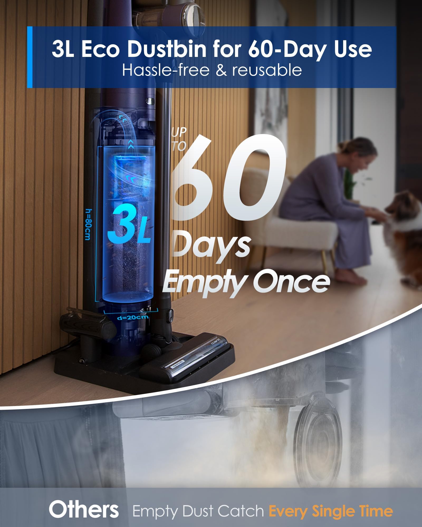 Tineco Pure ONE Station FurFree Cordless Vacuum Cleaner with 3L Auto Dust Base, Smart Stick Vacuum Cleaner Powerful Suction & Lightweight, ZeroTangle Brush for Hard Floor, Carpet & Pet Hair, Blue