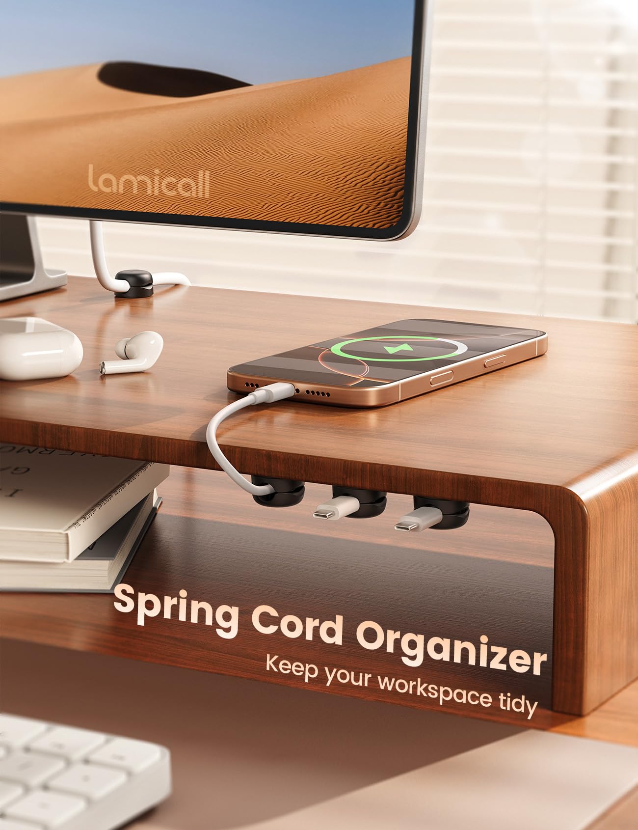 Lamicall Cable Clips, Spring Cord Organizer Holder - 6Pack Latest Compact Desk Cable Management Clips, Nightstand Phone Charging Cord Holder, 8mm Slot Adhesive Wire Organizer, Desk Office Accessory