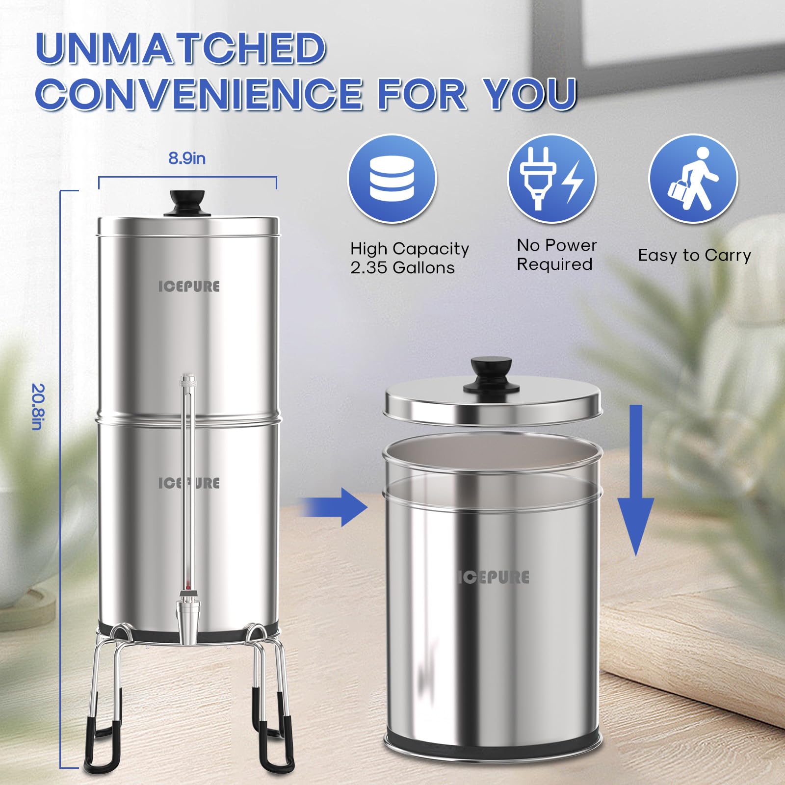 ICEPURE Gravity-fed Water Filter System, 2.35G Stainless-Steel 304 Countertop Filter System with 2 Black Carbon Filters, Providing Clean&Clear&Fresh Water, Used for Camping, RVing, Emergencies, Home