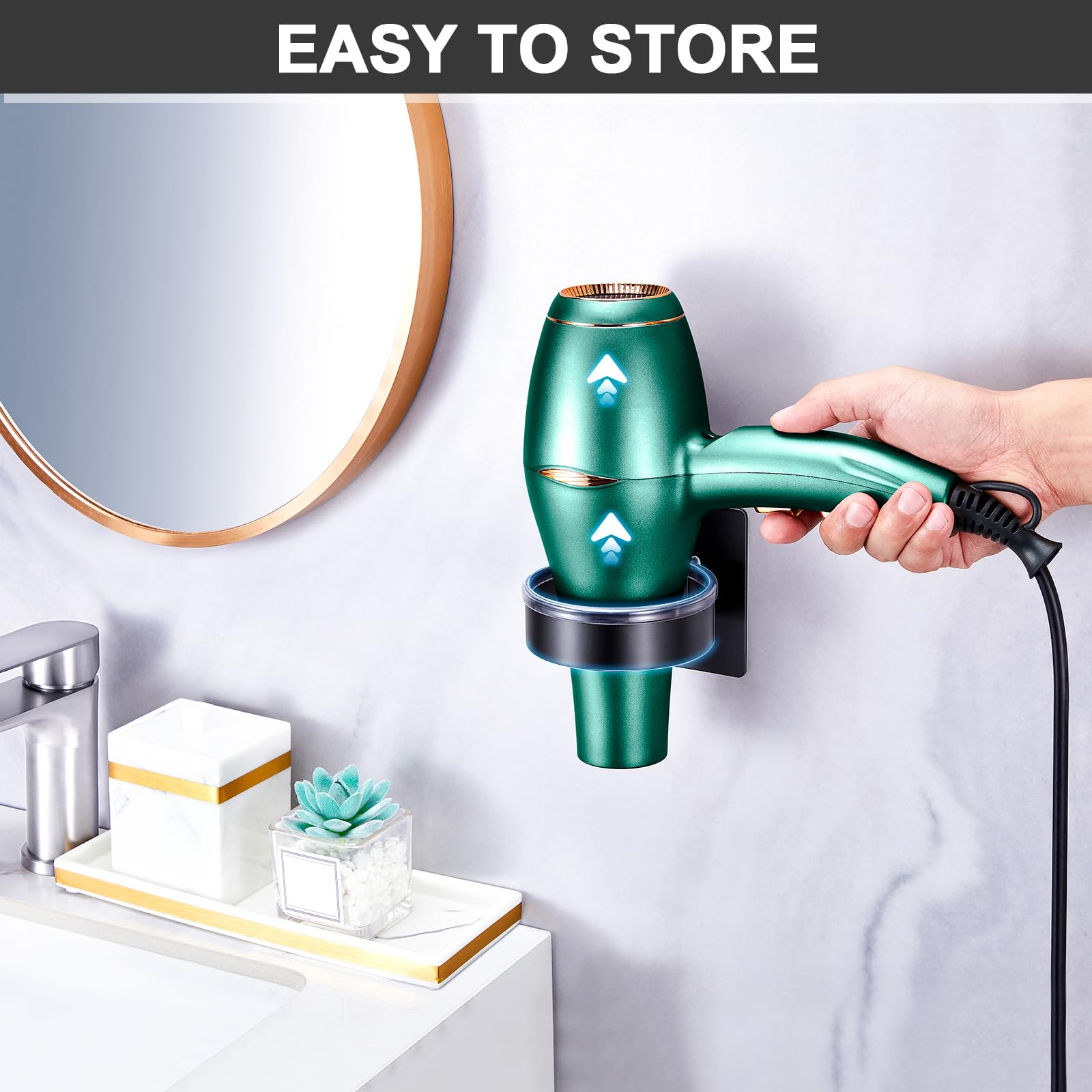 WAYASI Blow Dryer Holder Wall Mounted, hairdryer Holder for Bathroom, Blow Dryer Organizer, Hair Tool Organizer Wall Mount, Adhesive Hair Dryer Storage for Bathroom Barber Shop (Black)