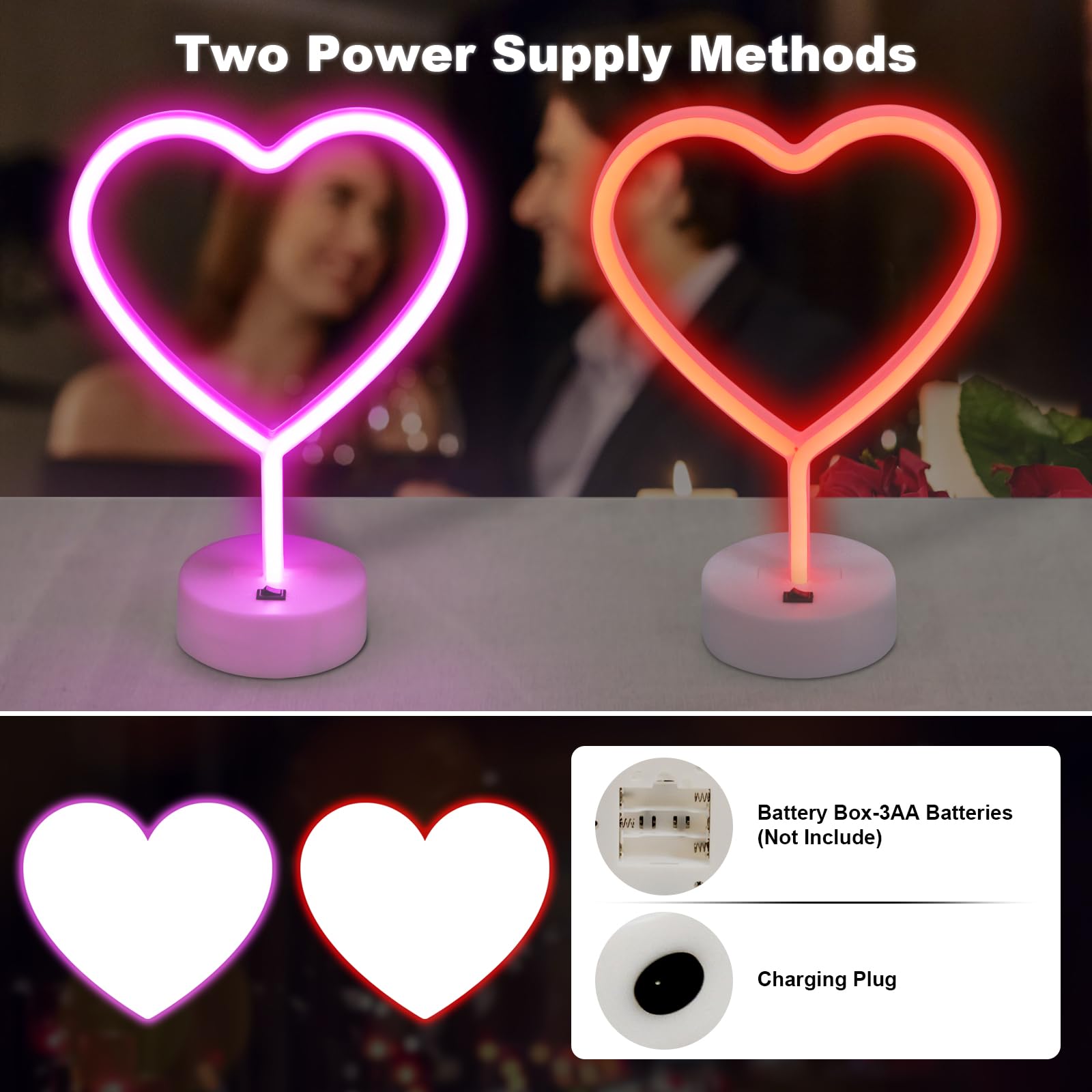 BRIGHTDECK 2 Pack Heart Neon Signs, LED Pink Heart Neon Lights Battery Operated or USB Powered Decoration Lamp, Neon Lights Heart Decor for Valentine's Day Gifts, Wedding, Party, Pink Room Decor