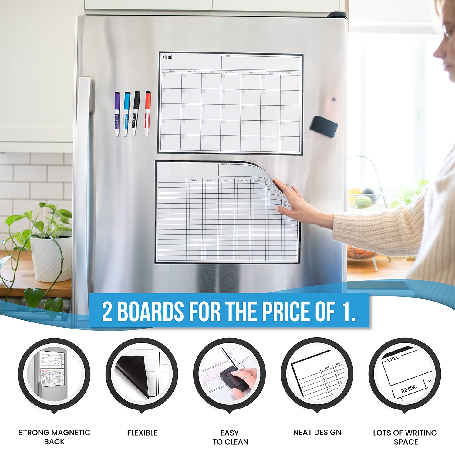 Cinch Magnetic Dry Erase Calendar & Chores Chart for Kids Bundle for Fridge: 2 Boards Included 17"x12", 6 Fine Tip Markers & Large Eraser w/Magnets, Chore Chart Magnetic Board for Kids and Adults