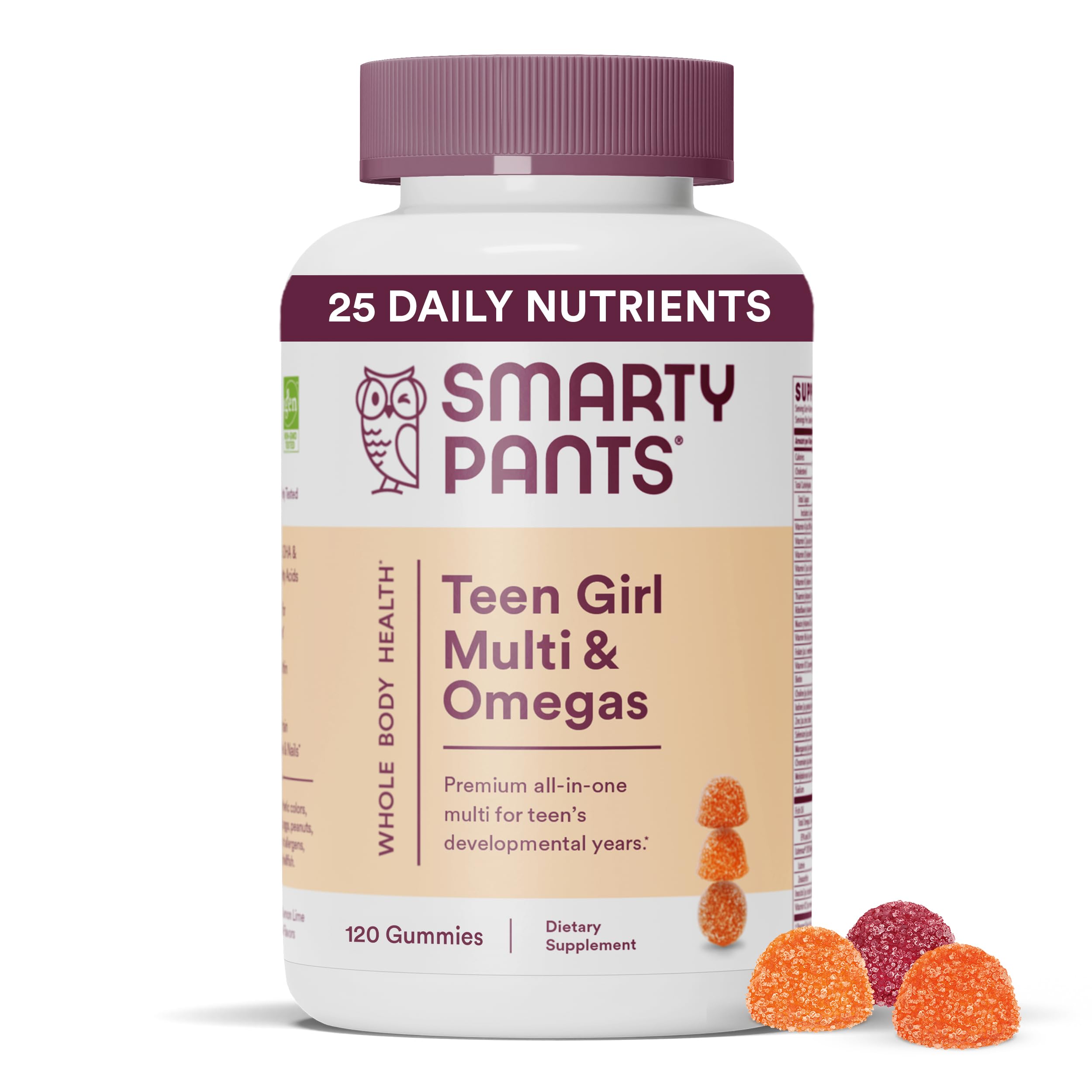 SmartyPants Teen Girl Multivitamin Gummies: Omega 3 Fish Oil (EPA/DHA), Vitamin C, D3, B12, Vitamin A, K & Zinc, Gluten Free, Includes Biotin to Support Hair, Skin & Nails, 120 Count (30 Day Supply)