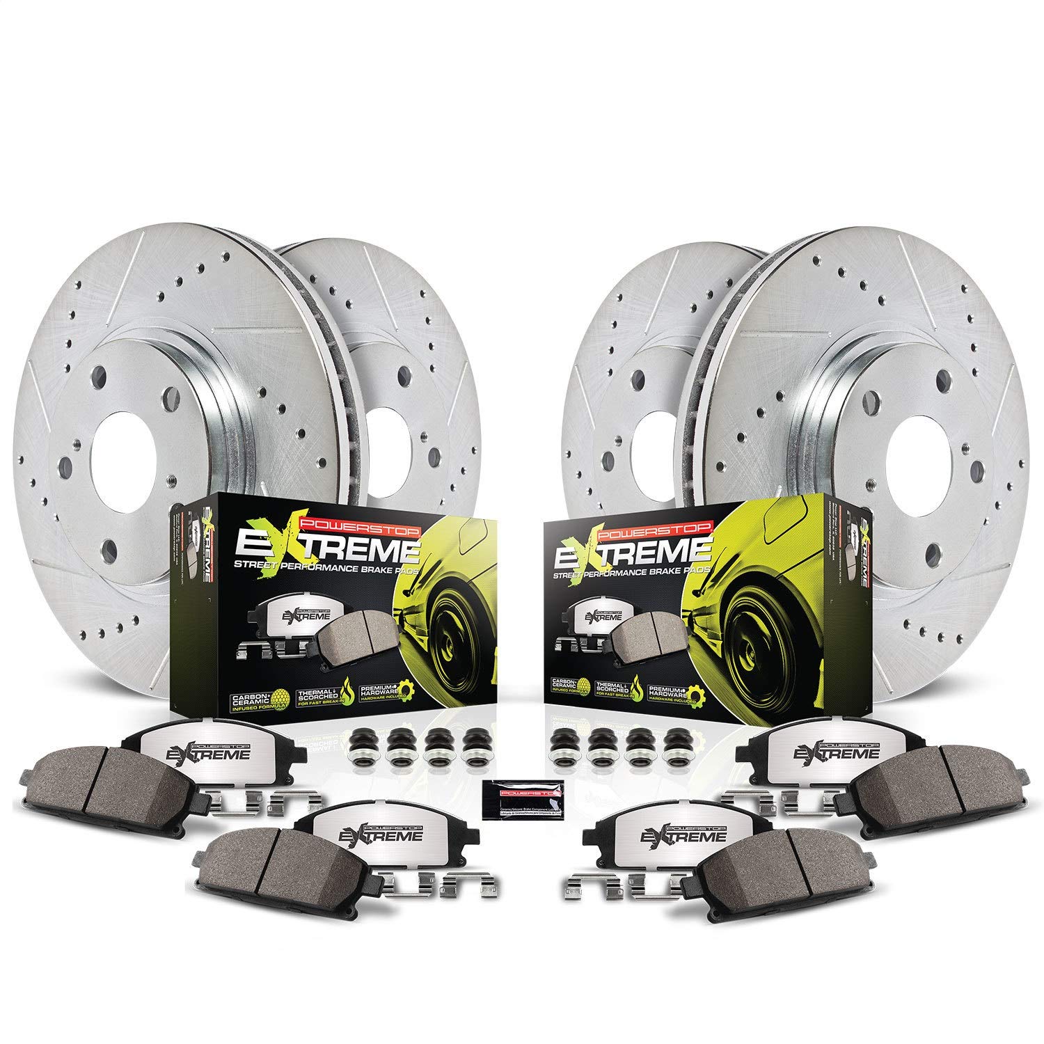 Power Stop Brake Kit For 2016-2021 Chevy Camaro SS [Models with 4 Piston Front Caliper] - Front and Rear Z26 Carbon Fiber Brake Pads with Drilled and Slotted Brake Rotors Replacement, K7226-26