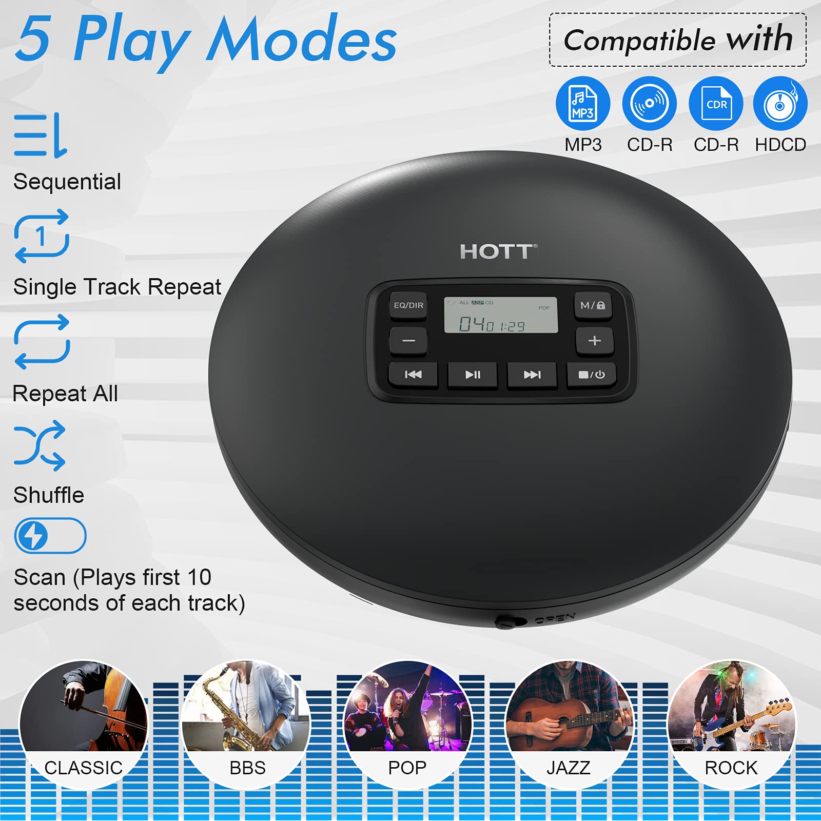 HOTT CD204 Portable CD Player, Personal Compact CD Player with Headphones, Anti-Skip/Shockproof for Home Travel and Car, Small Music CD Walkman with LCD Display for Adults Students Kids-Black