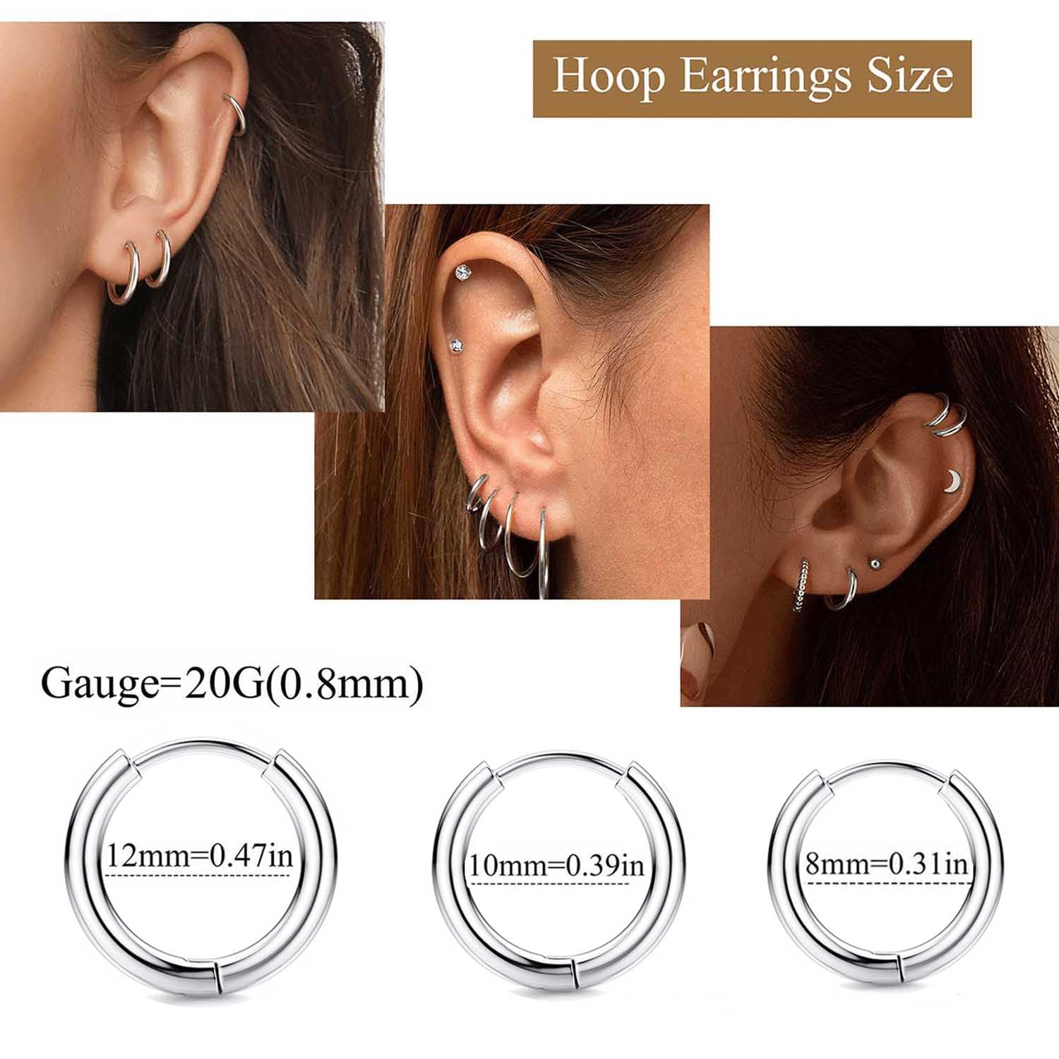 Jstyle Surgical Steel Earrings for Sensitive Ears - Hypoallergenic 20G Stainless Stud and CZ Hoop Earrings for Women and Men - Silver Tone