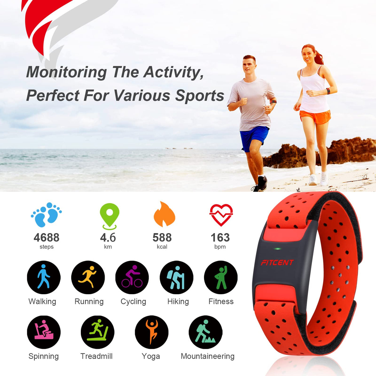 FITCENT Heart Rate Monitor Armband, Bluetooth ANT+ Optical Heart Rate Sensor Arm Band, Rechargeable Fitness Tracker for Peloton Strava Zwift Polar Beat DDP Yoga Wahoo Fitness (Red)