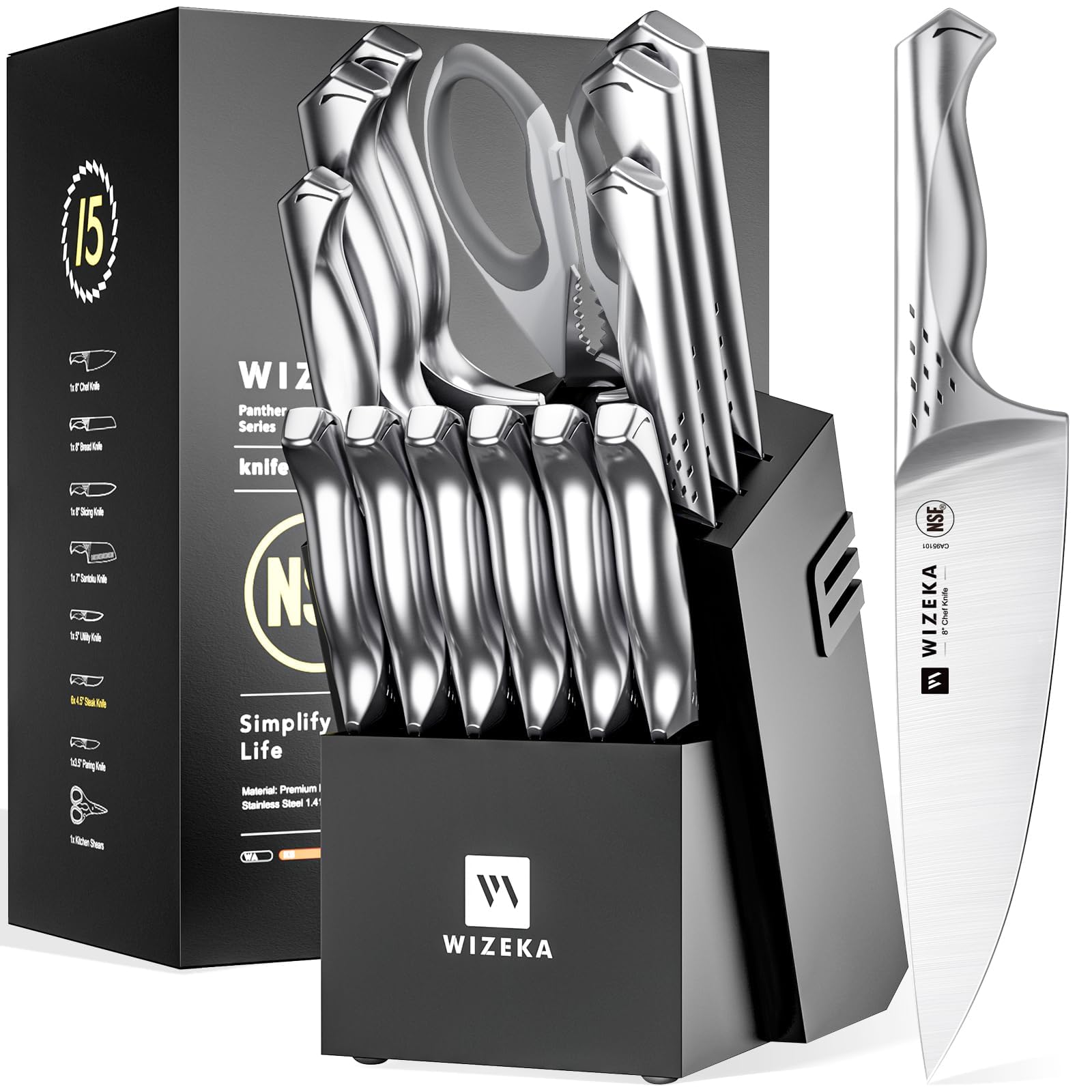 WIZEKA Kitchen Knife Set with Block, Razor Sharp 15 Pcs Professional Chef Knife Set with Knife Sharpener, Food Grade German Stainless Steel Knife Block Set, Jaguar Series