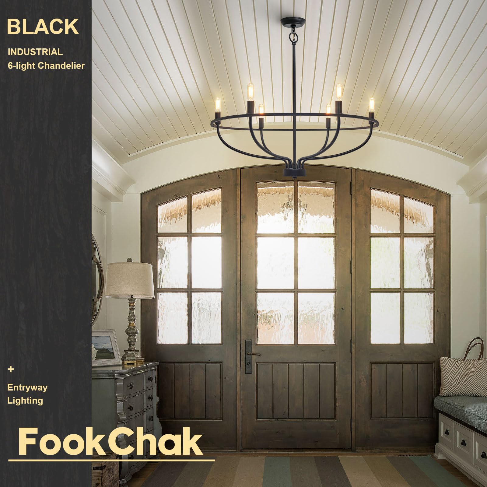 FookChak 6-Light Black Chandelier Light Fixture Industrial Candle Chandelier Black Chandeliers for Dining Room for Bedroom, Living Room，Kitchen,28.54in, E12