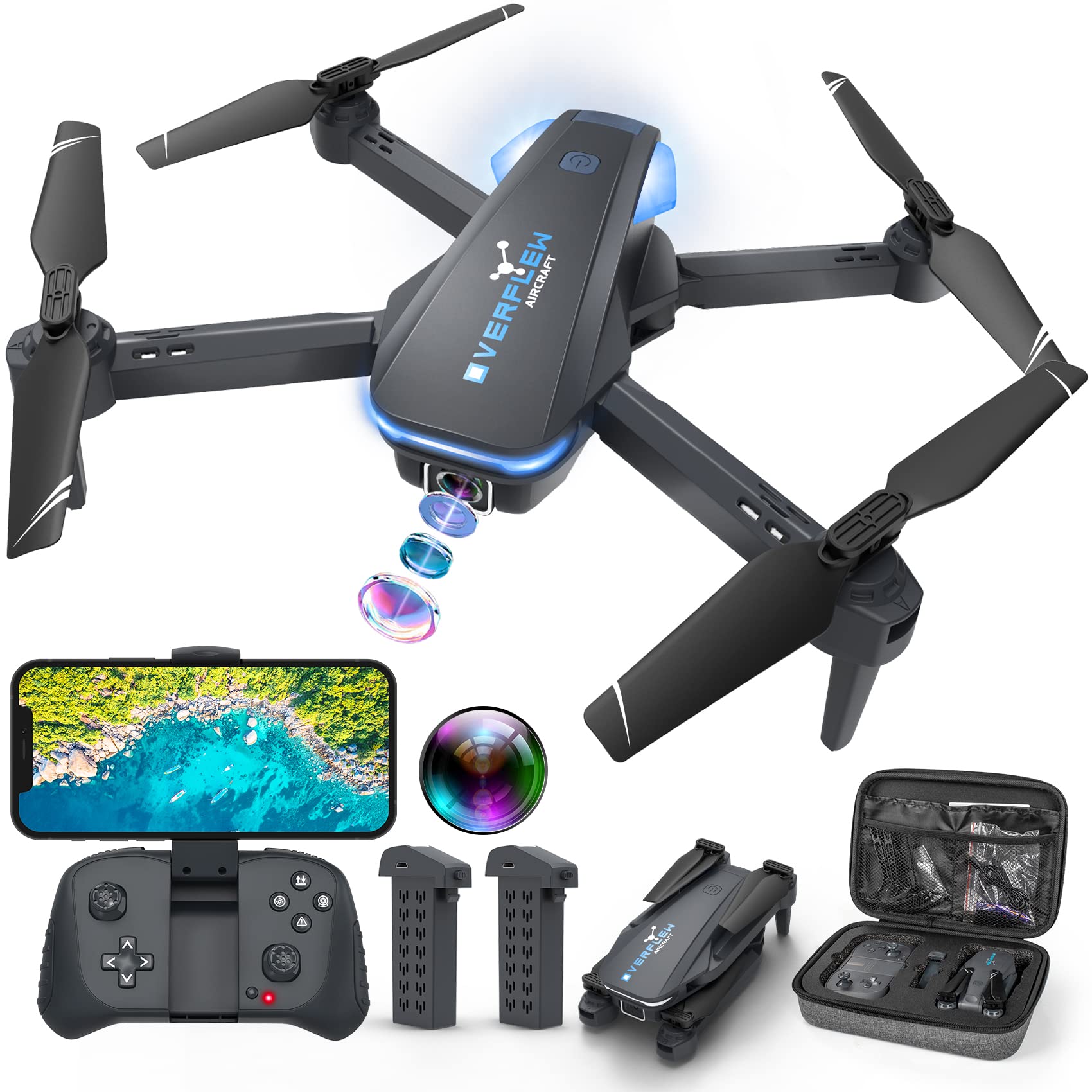 Drone with 1080P Camera for Beginners and Kids, Foldable Remote Control Quadcopter with Voice Control, Gestures Selfie, Altitude Hold, One Key Start, 3D Flips, 2 Batteries, Toys Gifts for Boys Girls