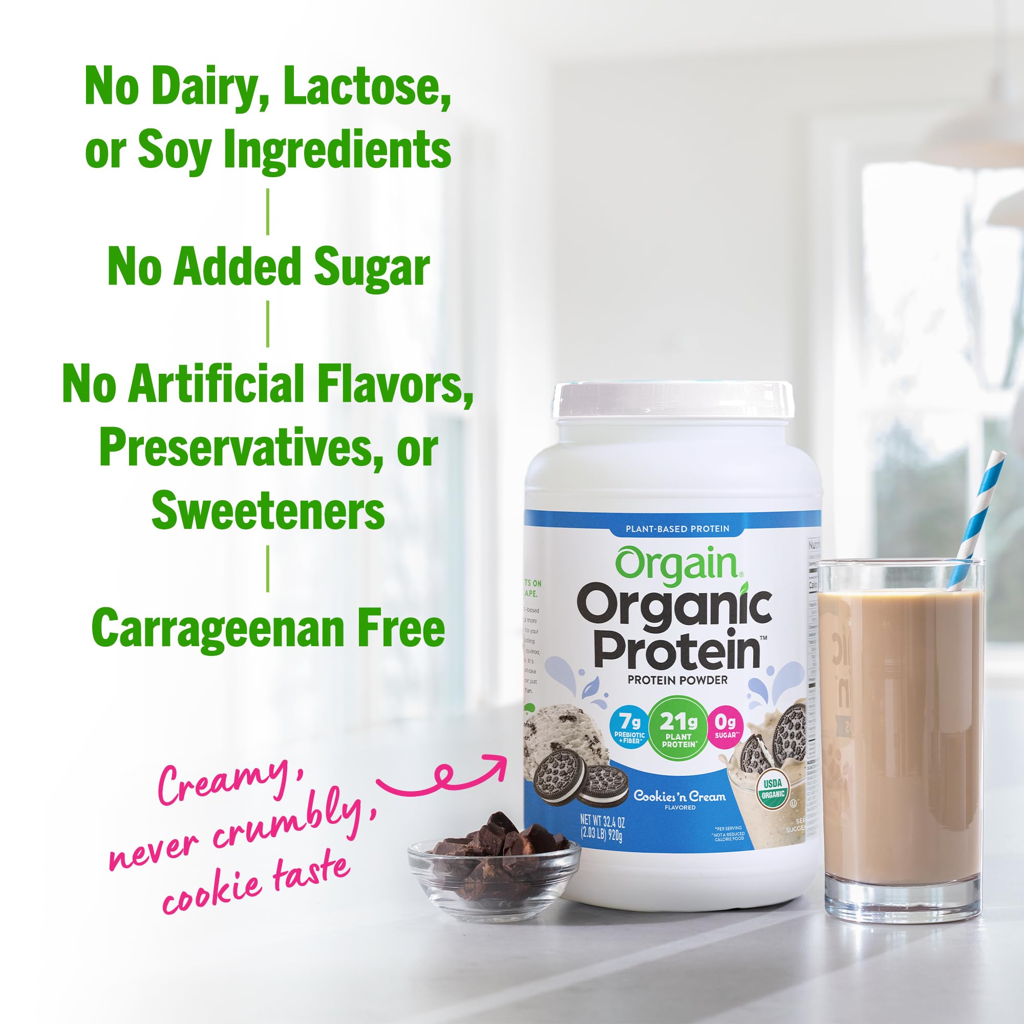 Orgain Organic Vegan Protein Powder, Cookies & Cream - 21g Plant Based Protein, 7g Prebiotic Fiber, Low Net Carb, No Lactose Ingredients, No Added Sugar, Non-GMO, For Shakes & Smoothies, 2.03 lb