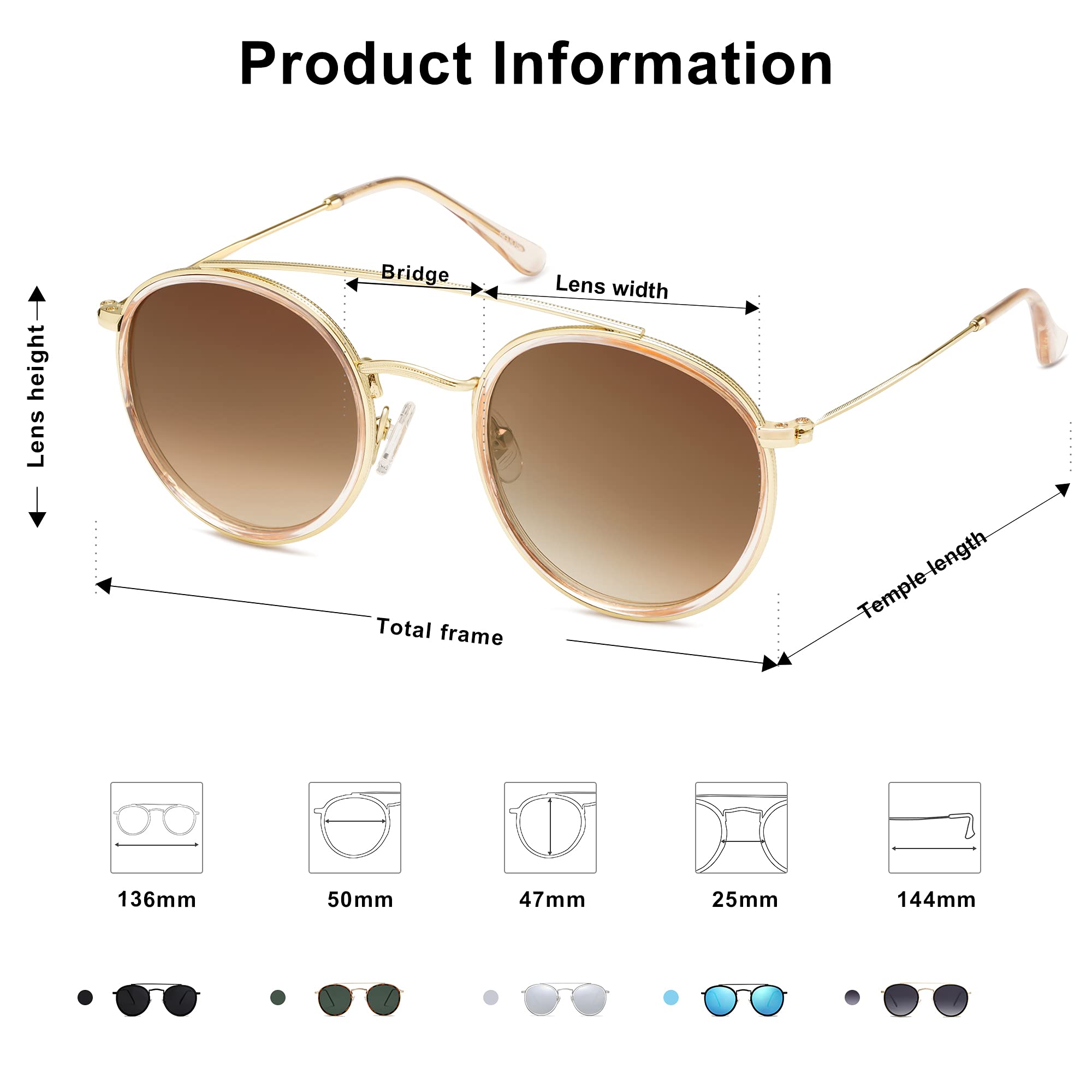 SOJOS Retro Vintage Round Polarized Sunglasses for Women Men Small Double Bridge Circle Sunnies SJ1104, Gold/Brown