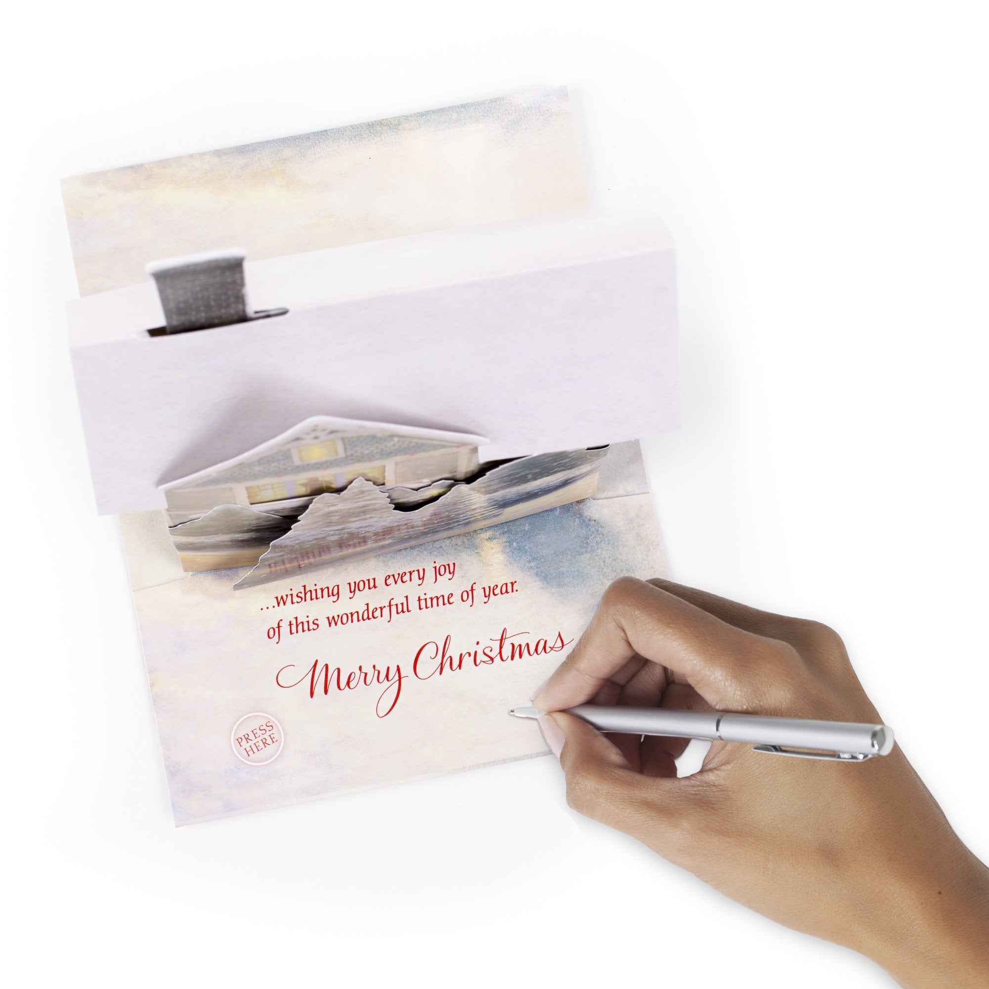 Hallmark 0899XSO1002 Christmas Pop Up Card with Light and Song (Displayable Dimensional Thomas Kinkade House Plays We Wish You a Merry Christmas), Snowy House