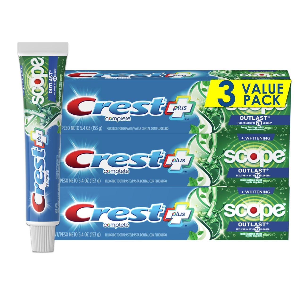 Crest Complete Whitening + Scope, Long Lasting Mint Toothpaste, Triple Pack (3 Count of 5.4 oz Tubes), 16.2 oz