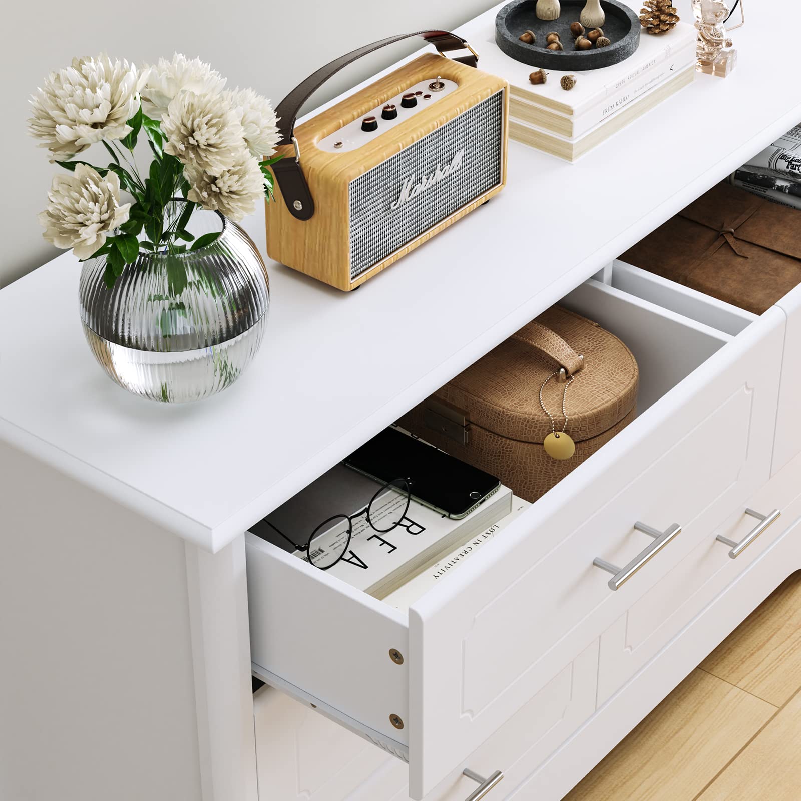 HOSTACK 6 Drawer Dresser, Modern White Wide Chest of Drawers with Metal Handels, Wood Double Dresser, Storage Chest Organizers for Living Room, Hallway, Entryway, White