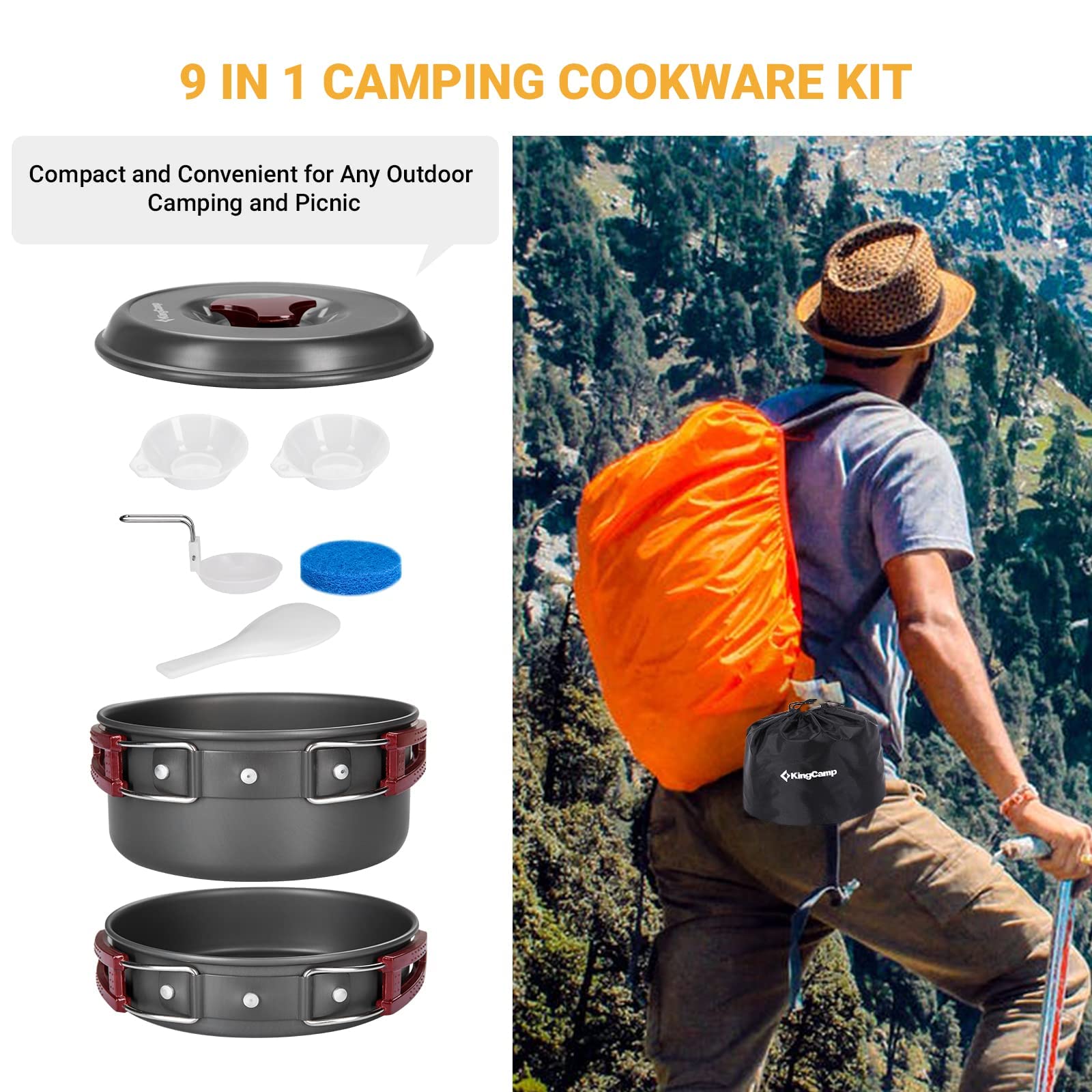 KingCamp 7/9/18Pcs Camping Cookware Mess Kit Camping Cooking Set Non-Stick Hard-Anodized Aluminum Camping Gear Camping Pots and Pans Set with Tableware for Outdoor Backpacking Hiking Picnic Backyard