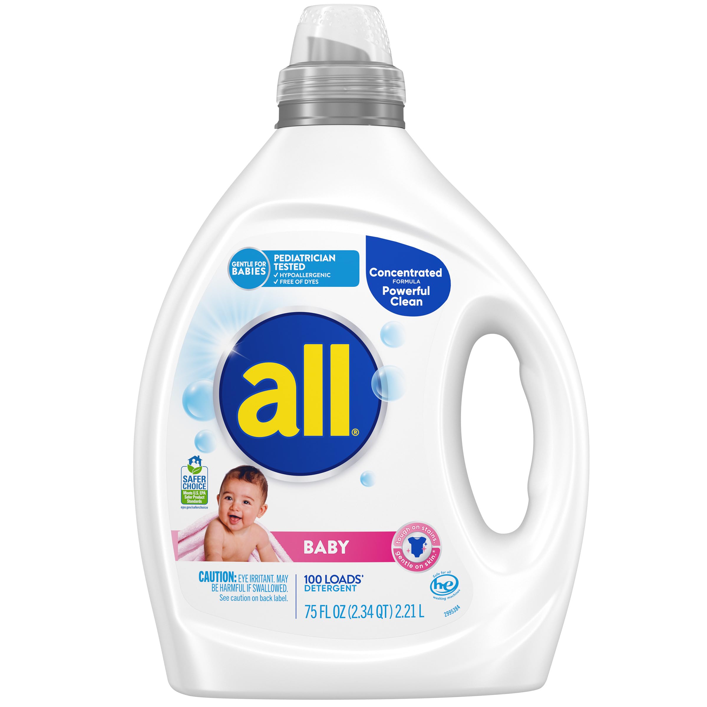 all Liquid Laundry Detergent, Gentle for Baby, Hypoallergenic & Free Of Dyes, 2X Concentrated, 100 Loads