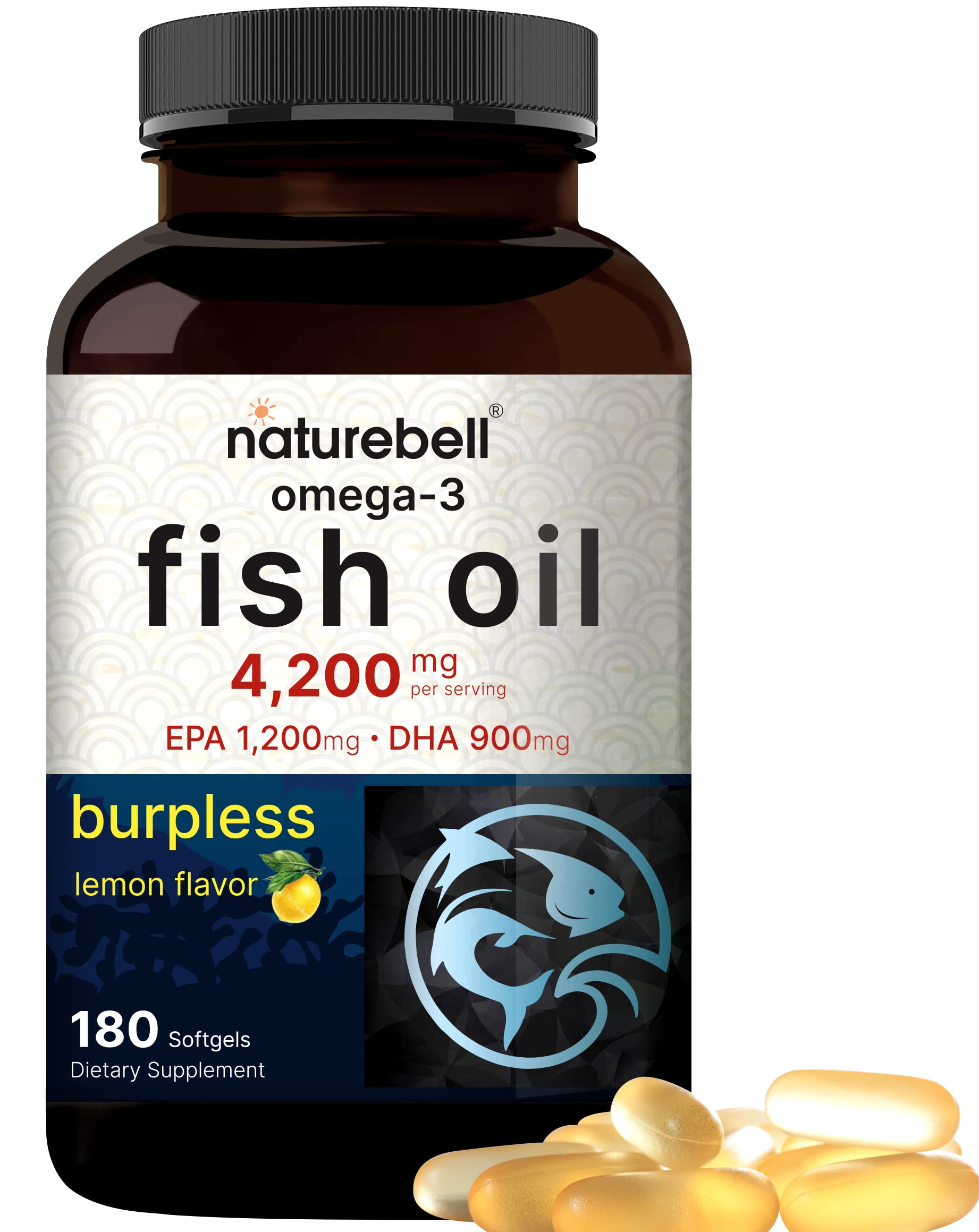 Omega 3 Fish Oil 4,200mg, 180 Burpless Softgels, Highly Purified EPA 1,200mg & DHA 900mg | Lemon Flavored | Premium Wild Caught Fish from Deep Sea – Heart & Brain Support – Mercury Free & Non-GMO