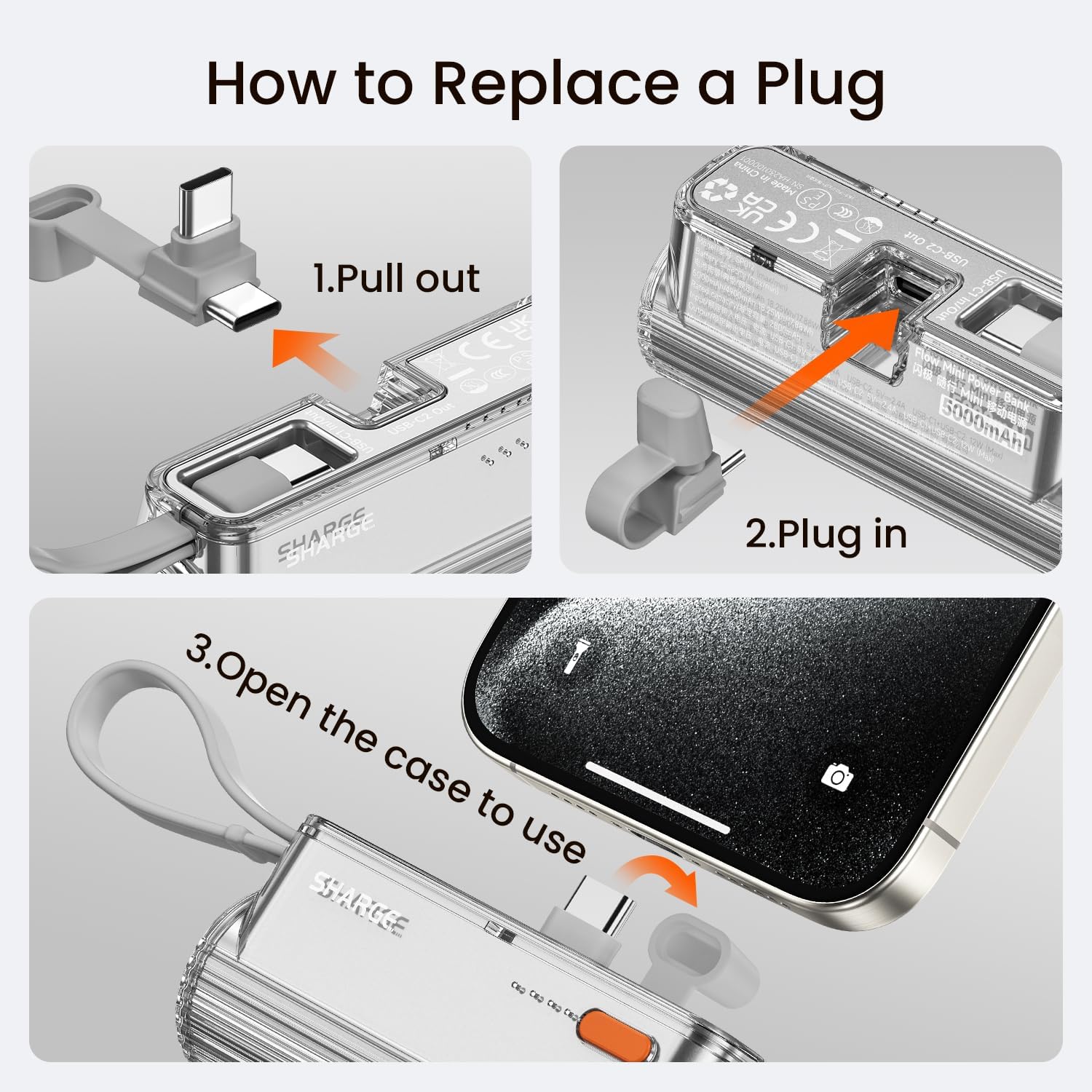 sharge Flow Mini Portable Charger, 5000mAh Small Power Bank with Changeable Plugs and Built in Cable, Dual Output USB-C External Battery Compatible with iPhone 16/15/14/13, iPad, Galaxy S24/23 Ultra