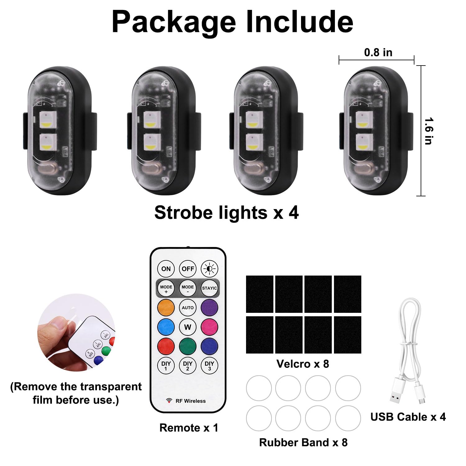 4PCS Wireless LED Strobe Lights with Remote Control, 8 Colors USB Charing Waterproof Anti-Collision Led Emergency Warning Lights for Car Motorcycle Drone Aircraft Bike