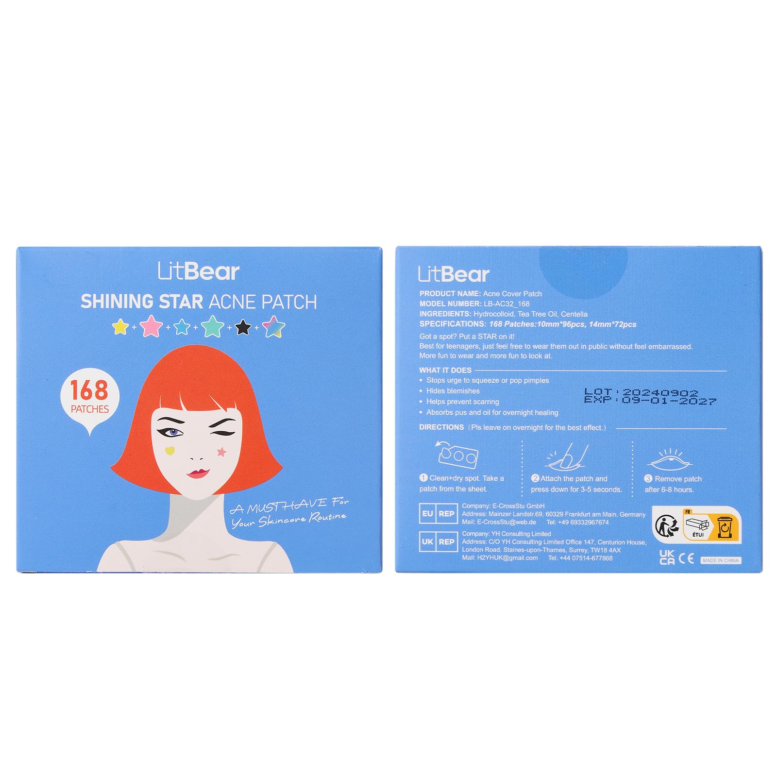 LitBear Acne Patch with Tea Tree & Centella Oil, 168 Hydrocolloid Dots in 6 Colors for Face - Cute Star Pimple Stickers