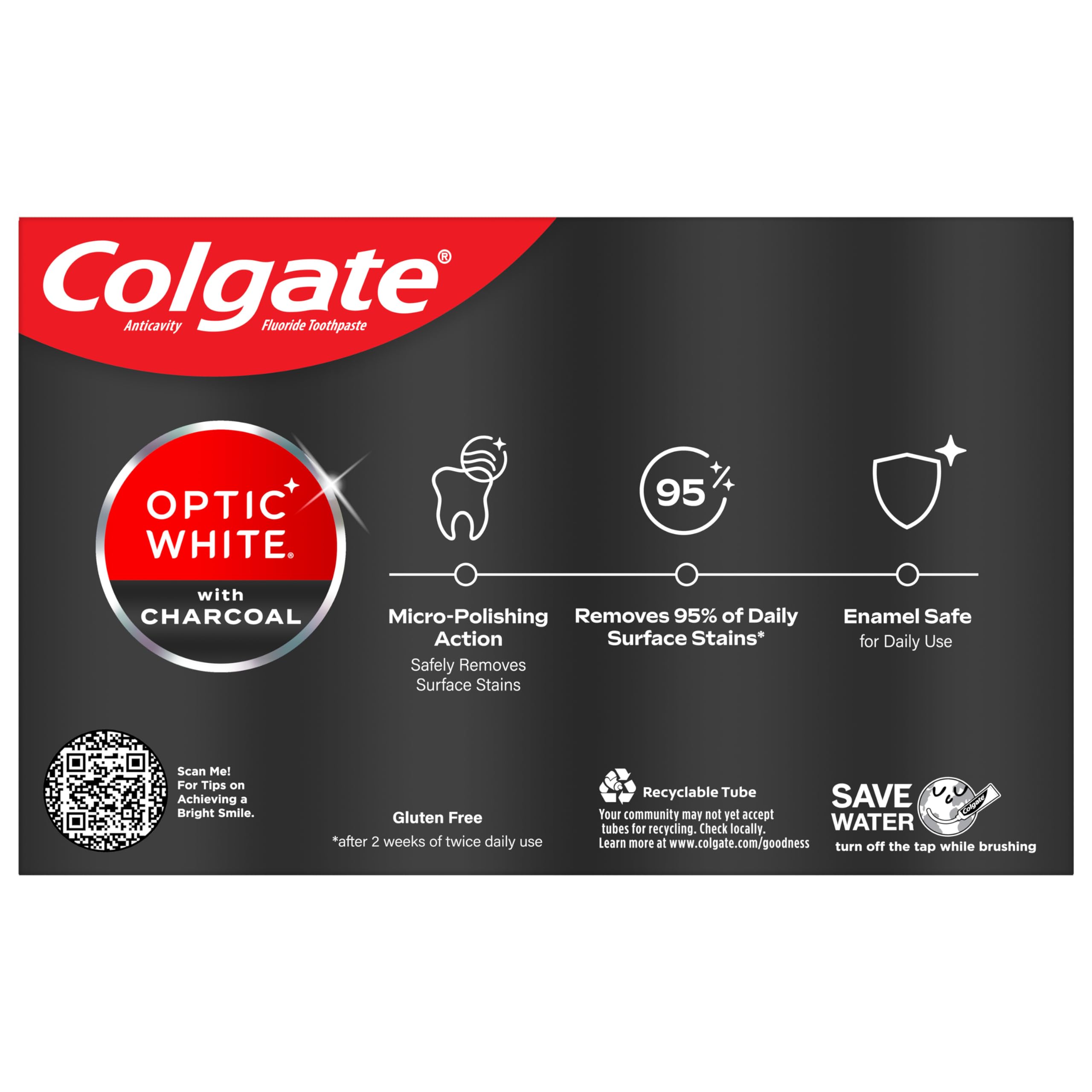 Colgate Optic White Charcoal Whitening Toothpaste, Cool Mint, Enamel-Safe with Fluoride, 2 Pack 4.2oz Tubes