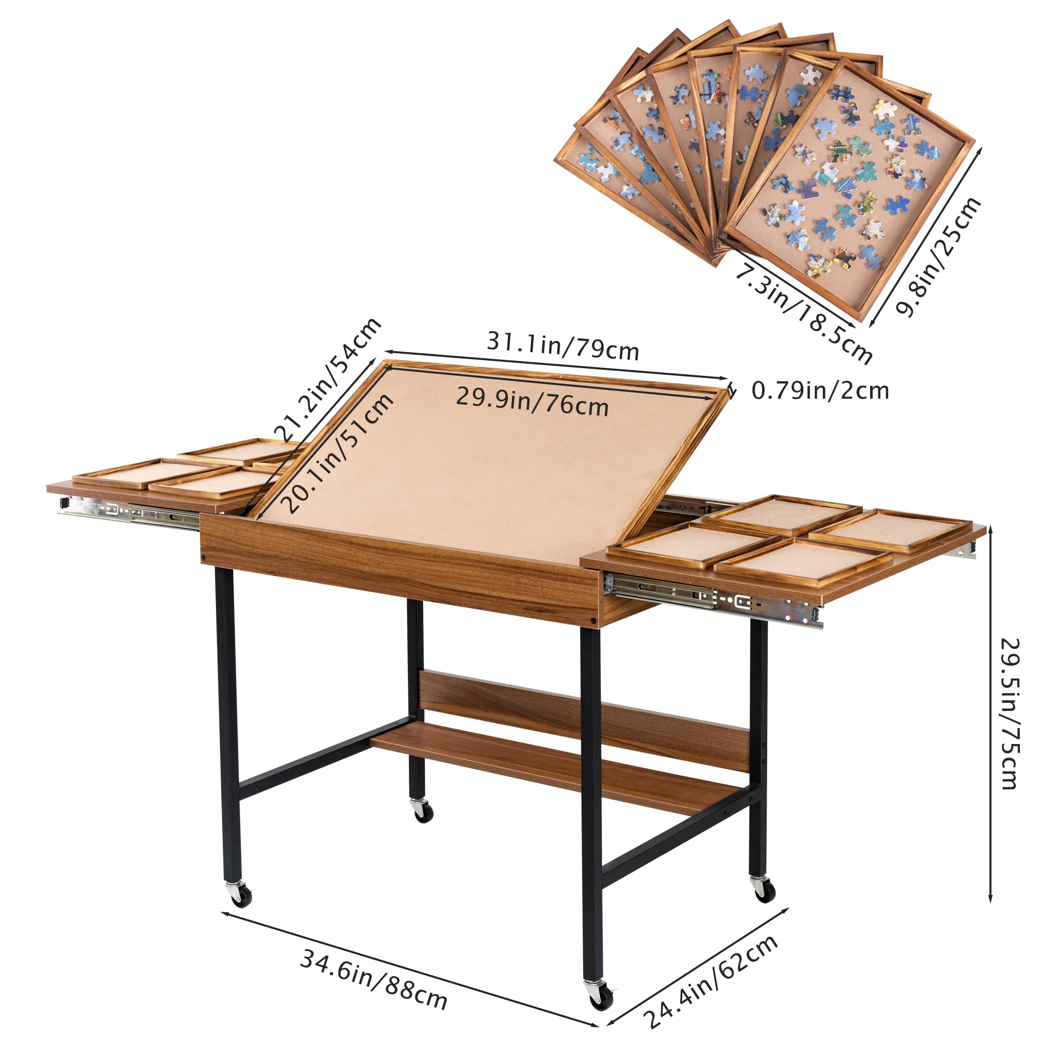Becko US Foldaway Adjustable Puzzle Table With 8 Sorting Trays, Tilting Puzzle Board with Drawers, Universal Casters for Moves, Under Table Rack for Storage, 30*20.1 in for Puzzles Up to 1000 Pieces