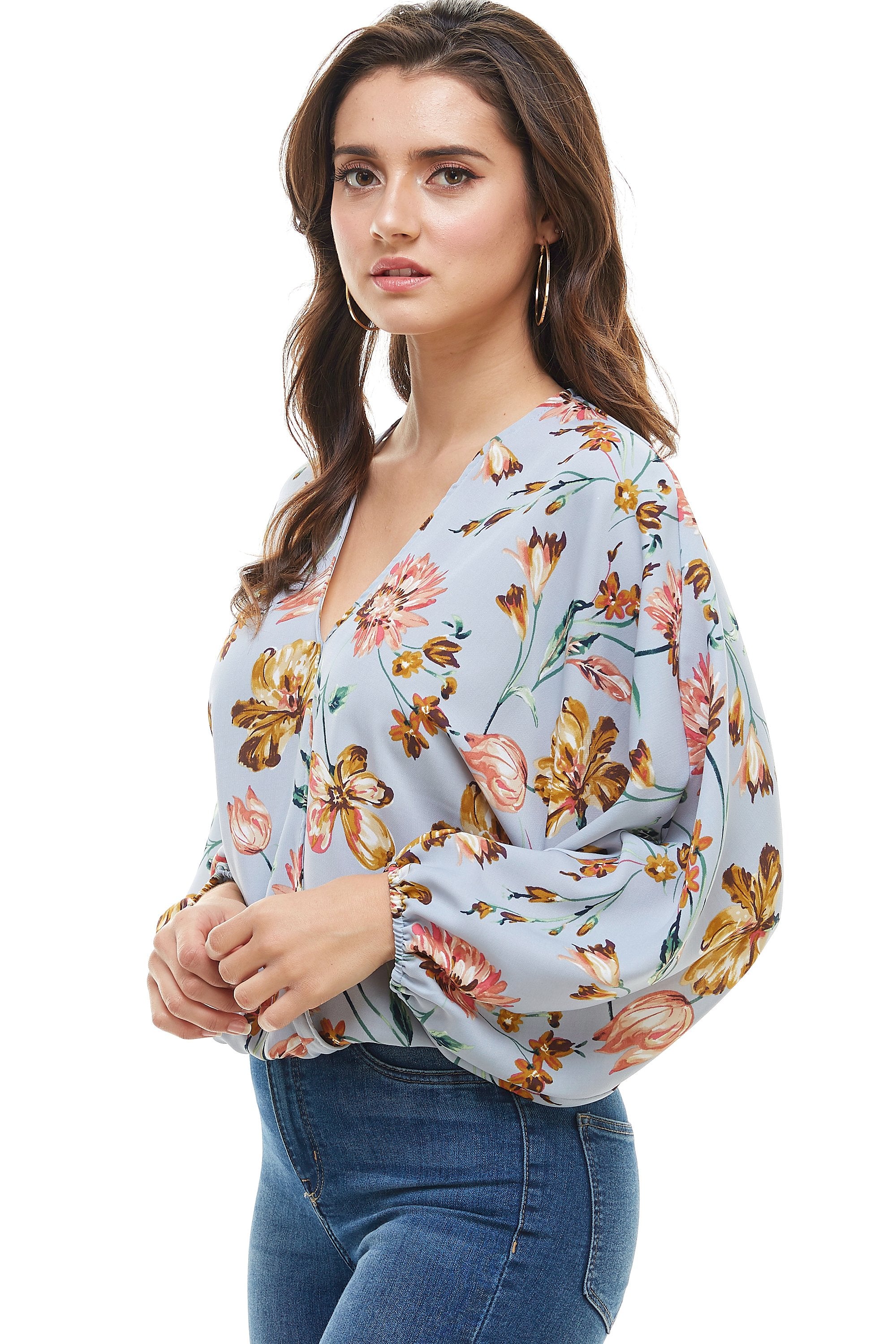 Floral Wide Sleeve Surplice Blouse