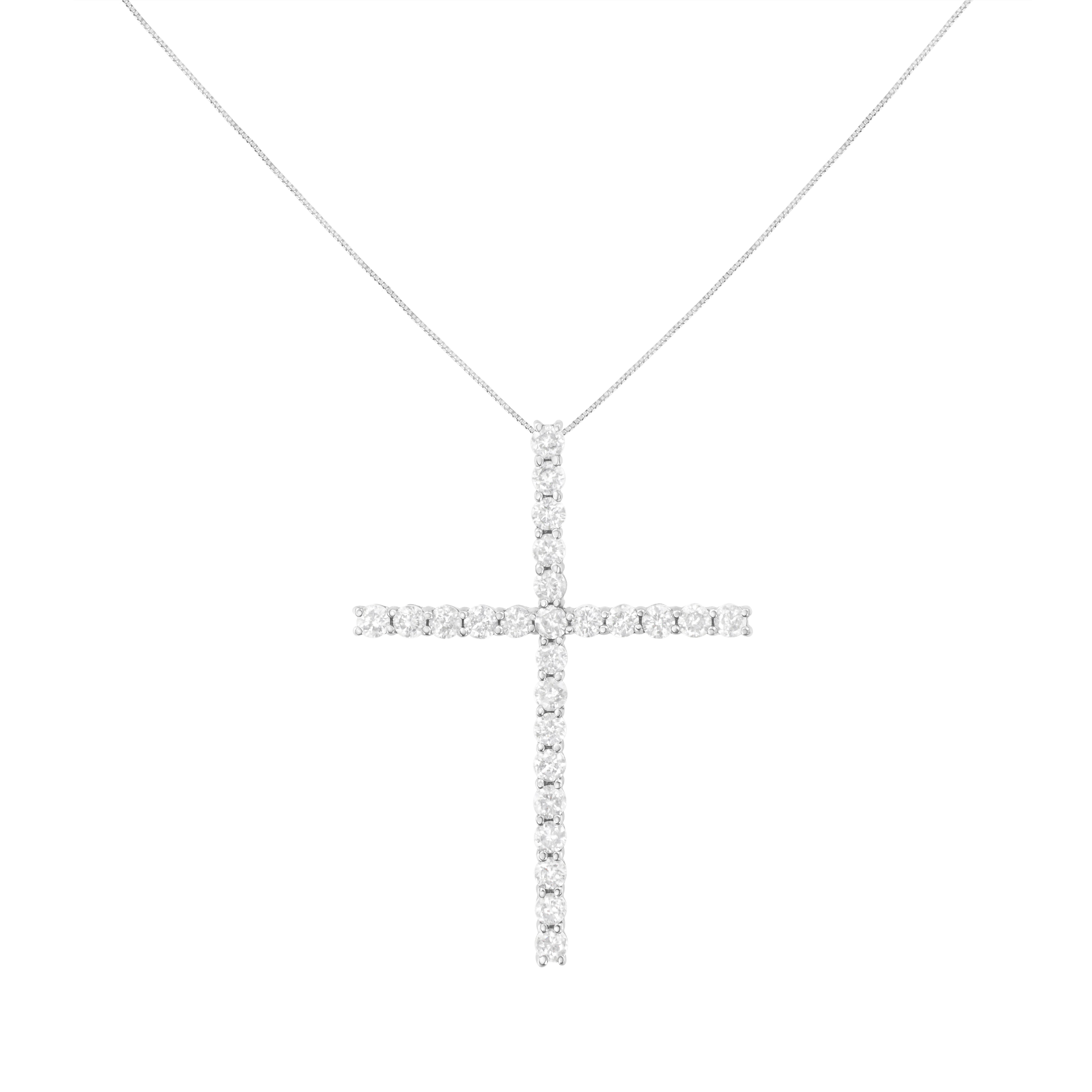 .925 Sterling Silver 3.0 Cttw Round Shape Diamond 1-1/2" Cross Pendant with Box Chain Necklace (I-J Color, I2-I3 Clarity) - 18"