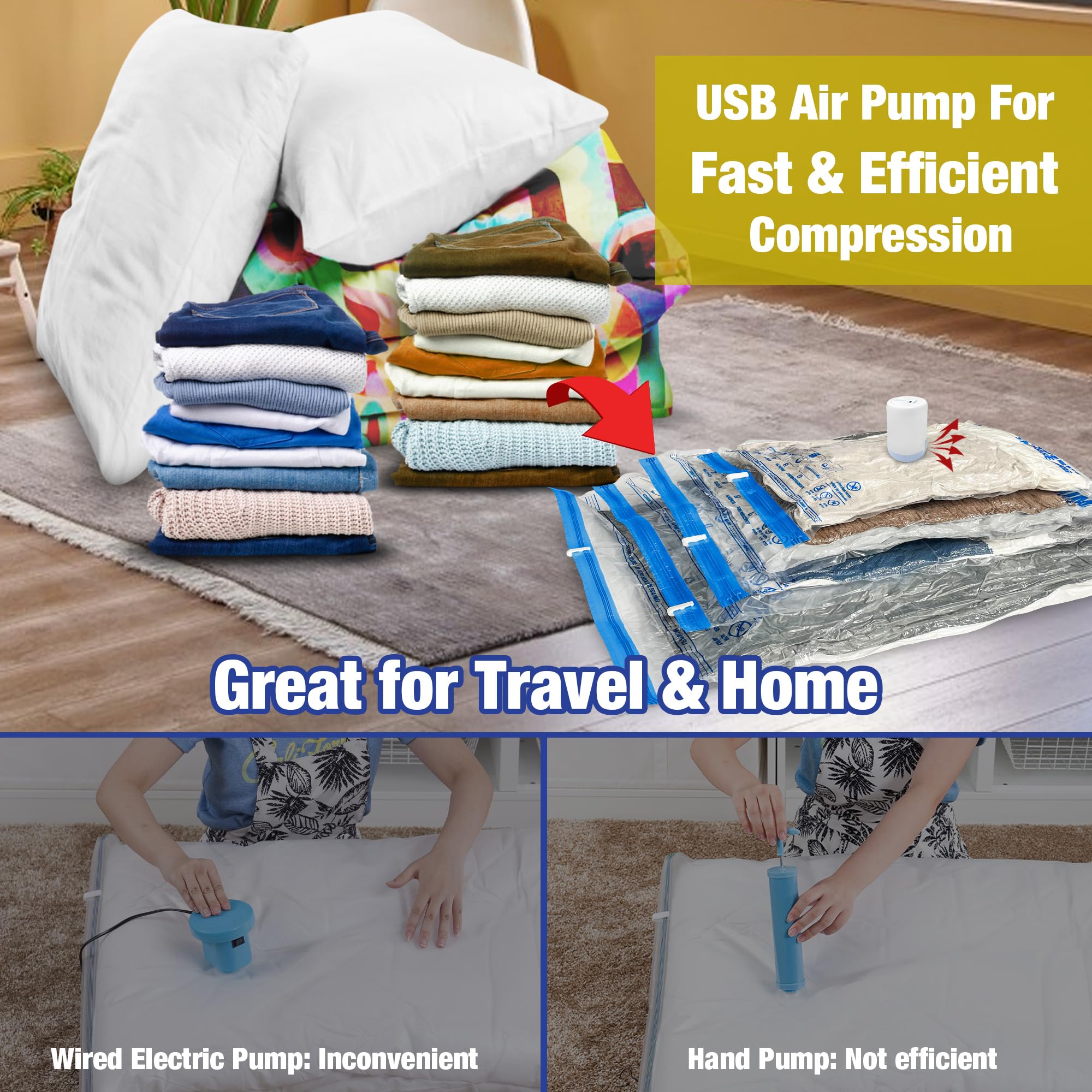 Travel Vacuum Bags with Electric Pump, Vacuum Travel Bags for Luggage and Suitcase, Vacuum Seal Compression Packing Bags for Clothes Clothing, Combo 12 Pack