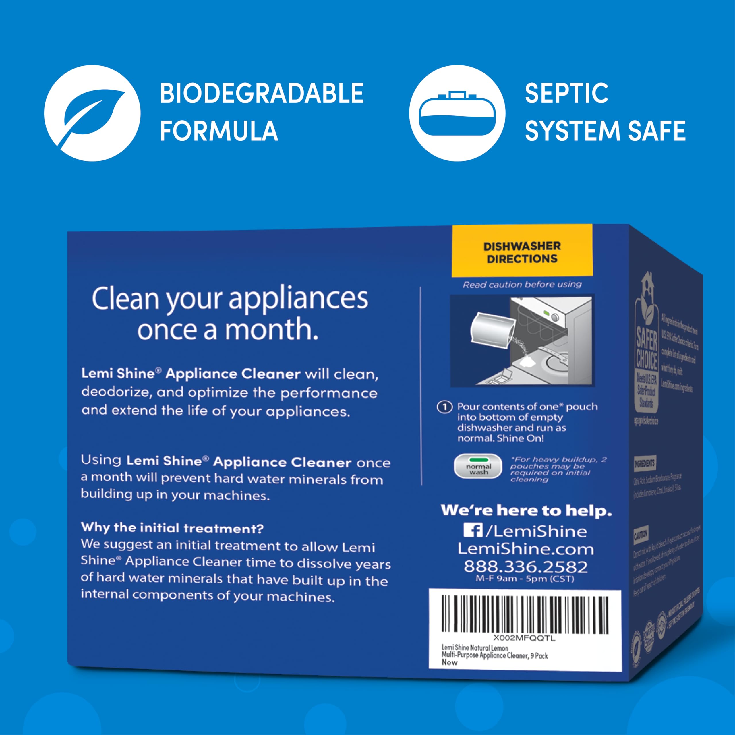 Lemi Shine Appliance Cleaner & Deodorizer | Powered by Citric Acid | 100% Guaranteed To Clean | Works As A Dishwasher, Washing Machine, & Garbage Disposal Cleaner, 9 Pouches