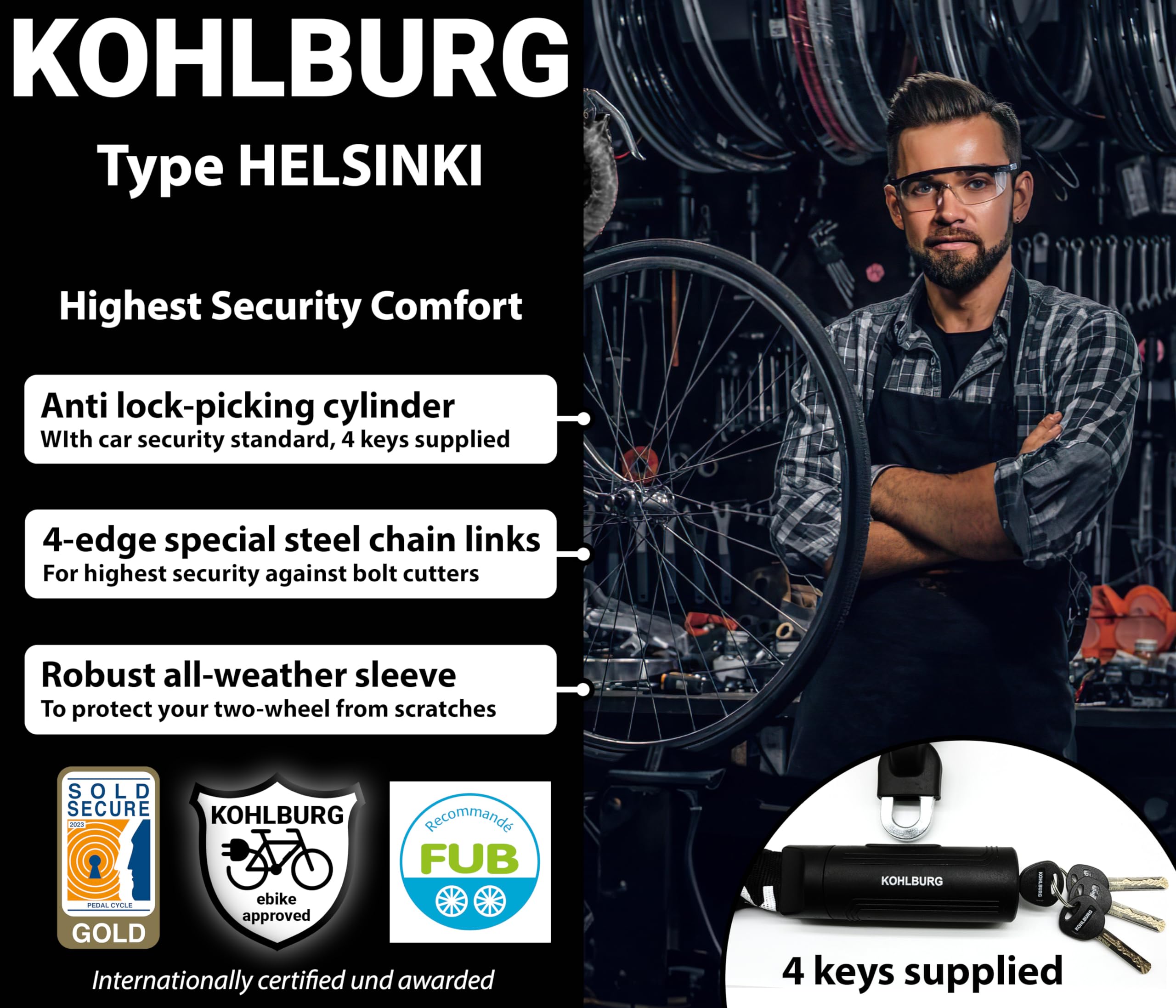 KOHLBURG Security Chain Lock – Sold Secure Gold – 4ft Long Bike Chain Lock with 4 Keys – Heavy Duty Bike Lock 0.33" – Bicycle Lock, Ebike Lock & Motorcycle Chain Lock – Motorbike & Scooter Anti Theft