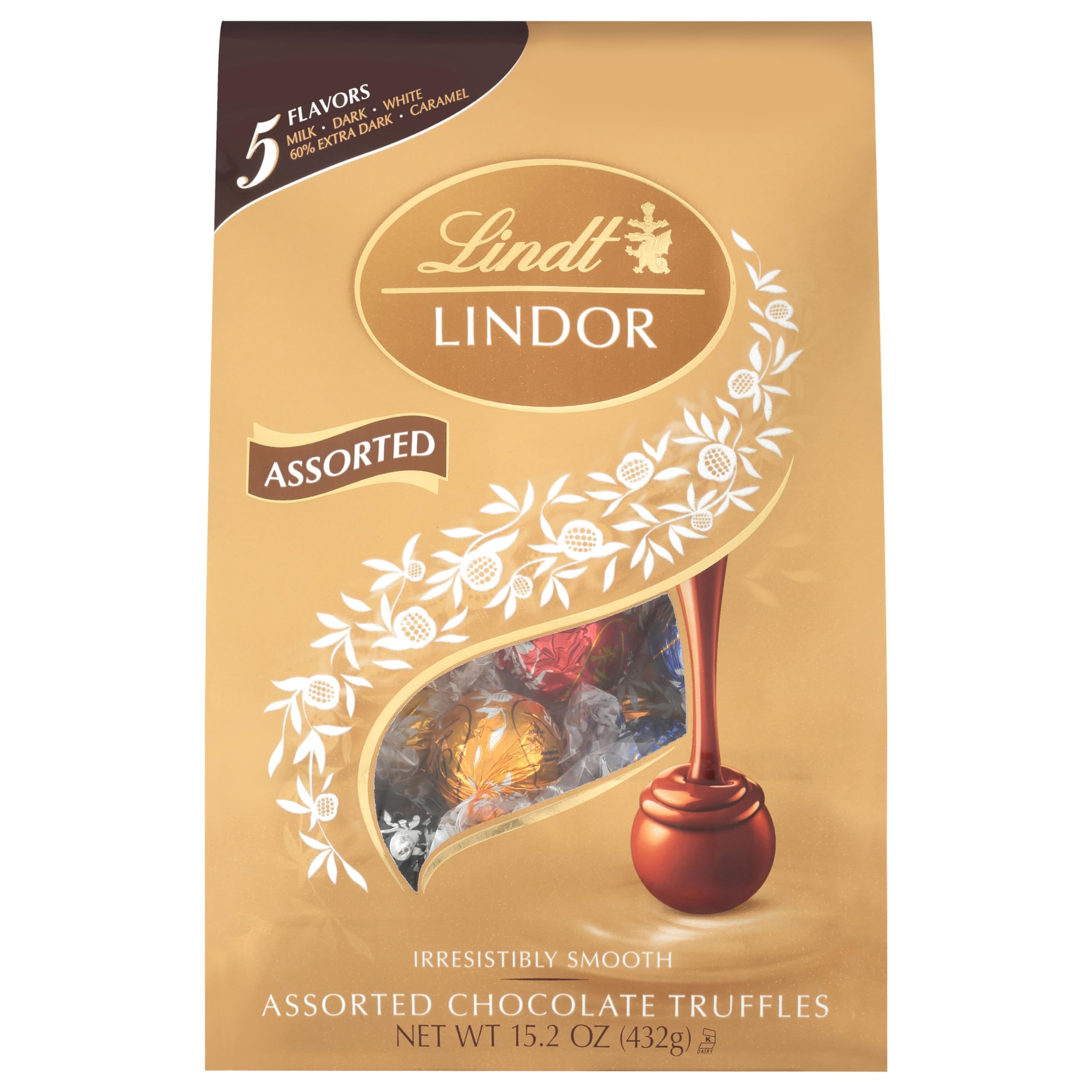 Lindt LINDOR Assorted Chocolate Candy Truffles, Chocolate with Smooth, Melting Truffle Center, 15.2 oz. Bag