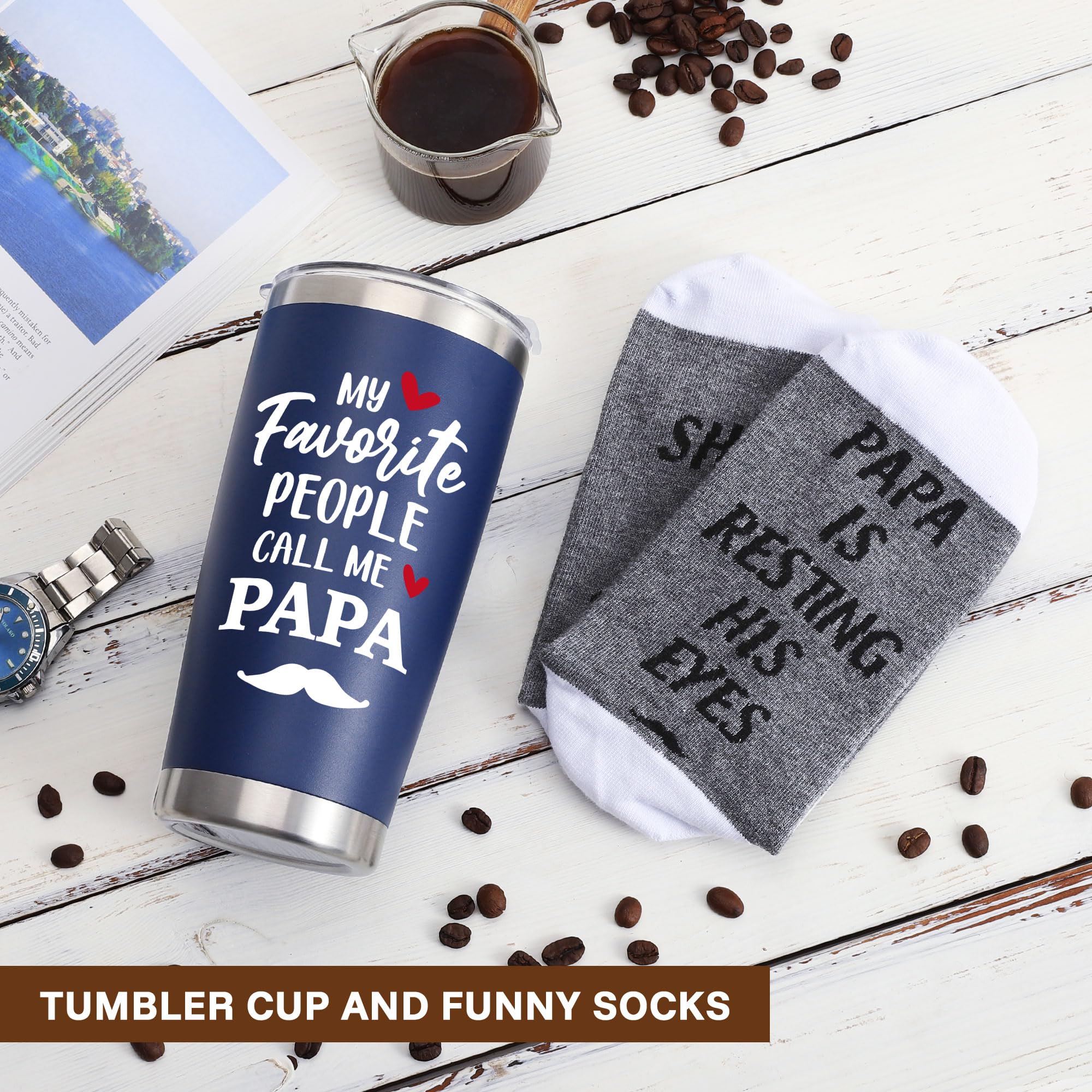 Papa Tumbler Cup Gifts for Grandpa Christmas Gifts from Grandkids, Papa Gifts from Granddaughter Grandson, First Time Grandpa Gifts, Granddad Grandfather Papa Birthday Gift, 20oz Dark Blue Cup & Socks