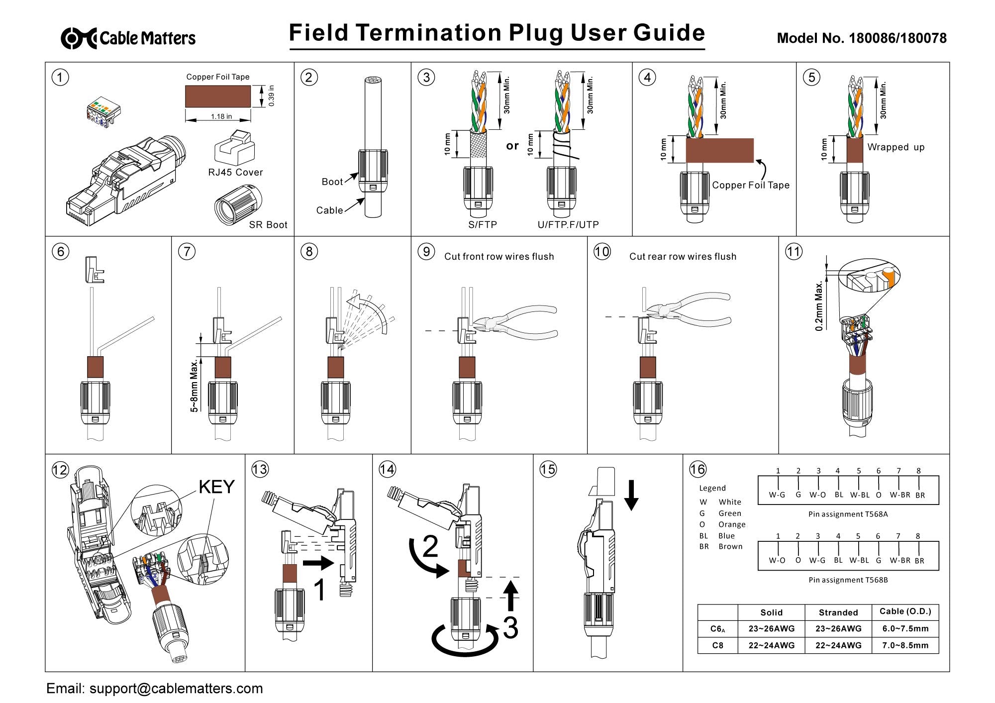 Cable Matters 10Gbps 6-Pack Tool-Free Shielded Cat6a / Cat6 RJ45 Termination Plug Connector, Cat6 Connector, Cat6 Plug