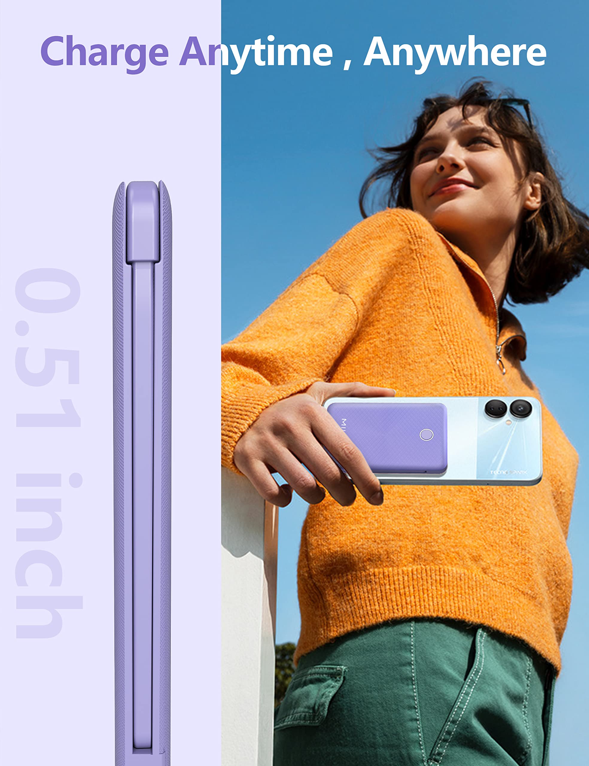 6000mah Ultra Slim Built in Cables Power Bank, Card Size Built in USB C Cords Battery Pack Portable Charger for Phones, 3 Output External Battery Pack Compatible with iPhone, Samsung, Google, Purple