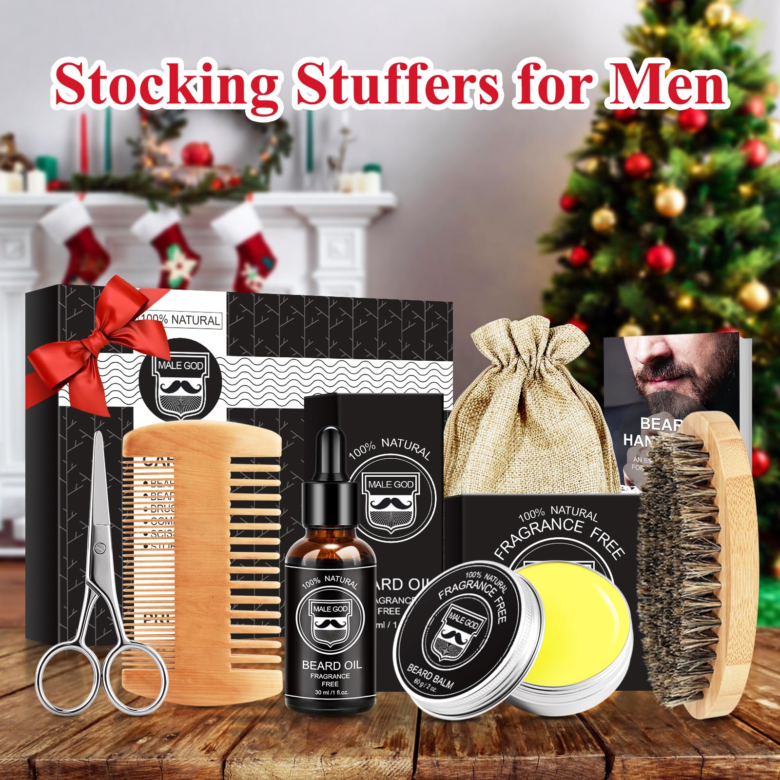 MALE GOD Stocking Stuffers for Men,Beard Kit with Beard Comb, Brush, Oil, Balm, Scissors, Beauty Gift Sets for Him, Birthday & Christmas Gifts for Men, Him, Boyfriend, Husband, Son, Friend, Dad