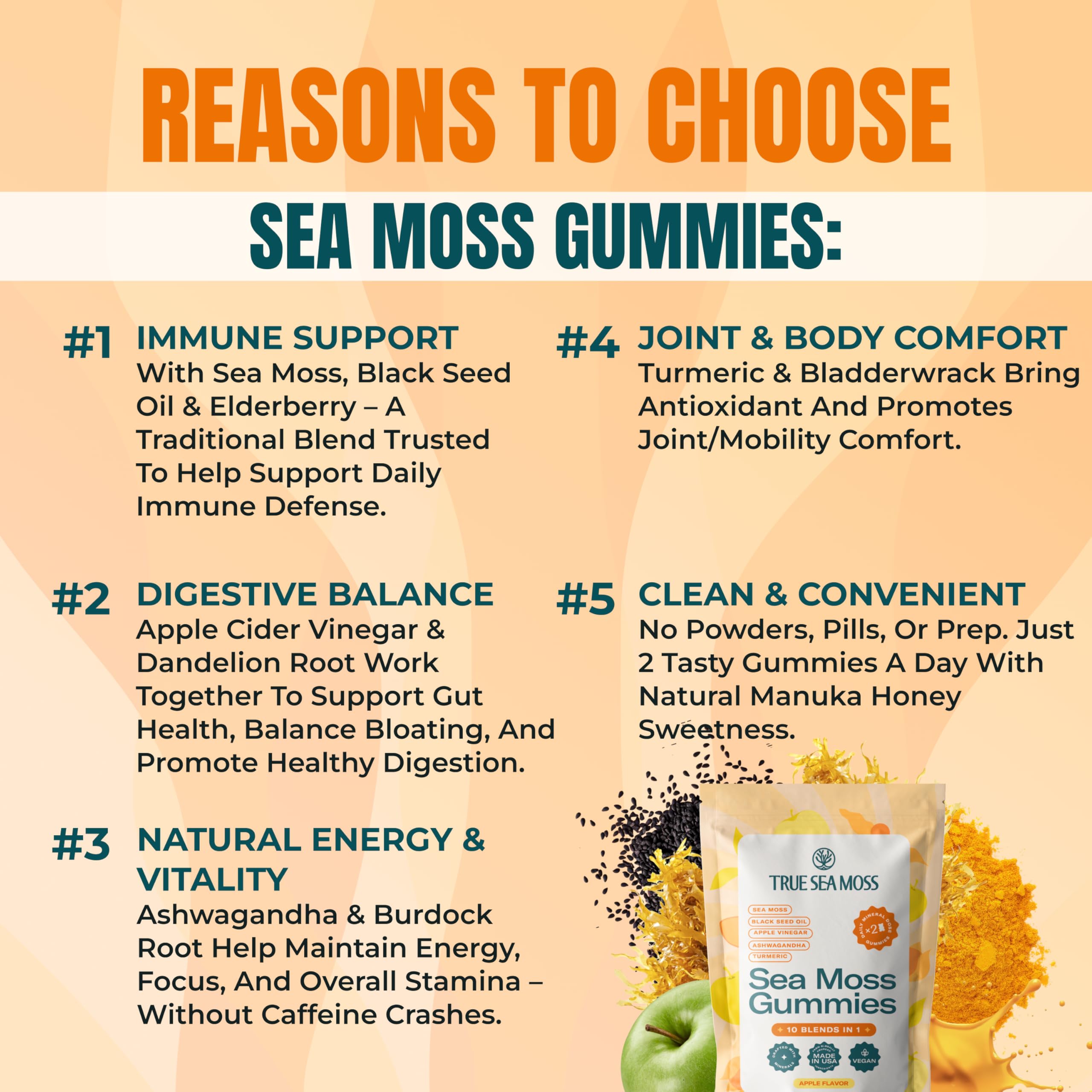 Sea Moss & Apple Cider Vinegar Gummies – 10-in-1 Herbal Blend with Black Seed Oil, Ashwagandha, Turmeric, Bladderwrack, Sea Vegetables, Burdock Root & Dandelion – Vegan, USA Made, Apple Flavor – 60 ct