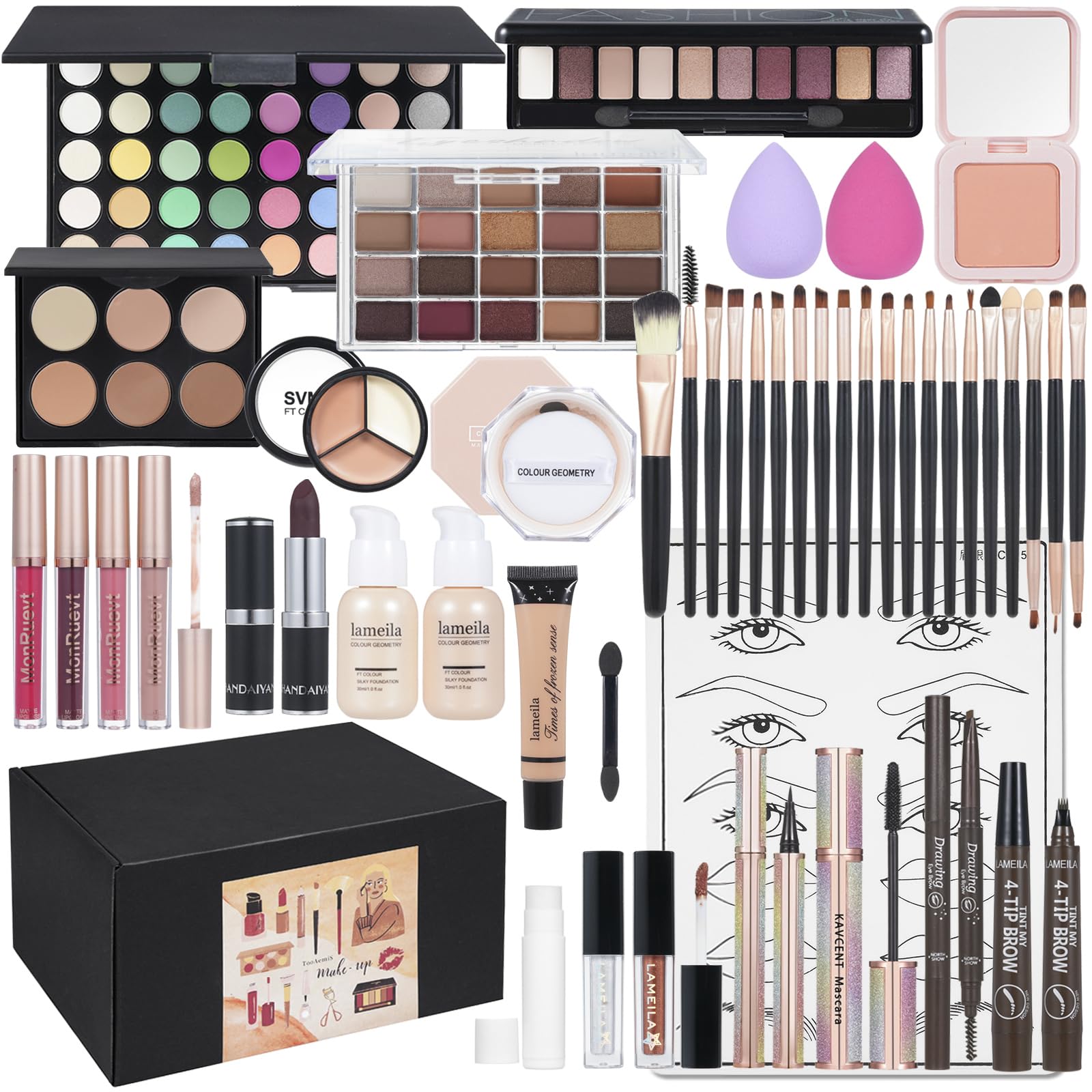 All in One Makeup Kit Makeup Kit for Women Full Kit Multipurpose Makeup ，eyeshadow、 liquid foundation,Loose powder,Eyebrow pencil,4-color lip gloss set