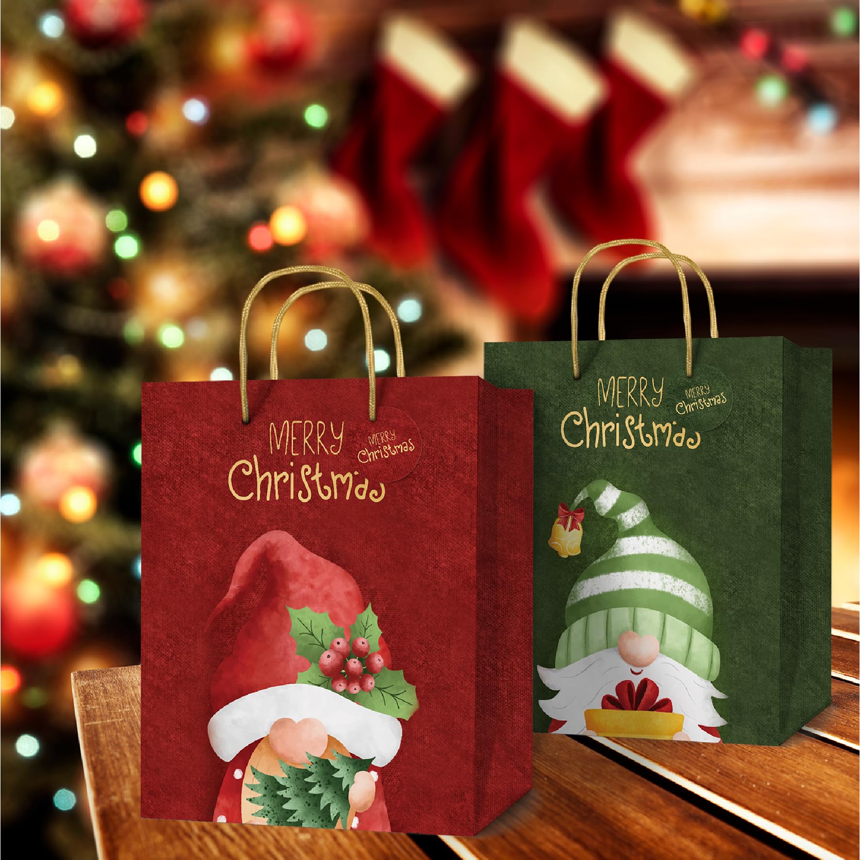 easykart labels 8 Pack 12" Large Christmas Gift Bags, Gold Foiled & Laminated Holiday Gnome Gift Bags,(4 Designs - 2 PCs Each) for Gift Wrapping Christmas Party Decorations