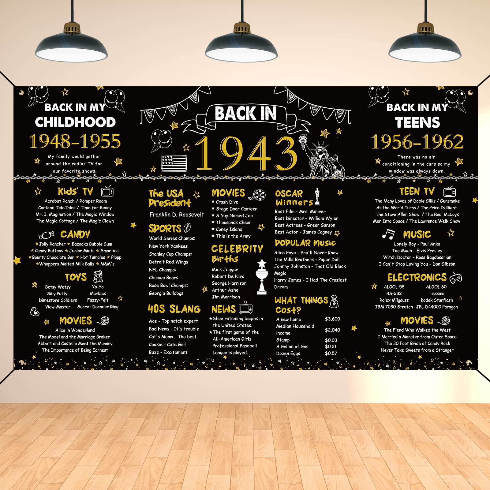 DARUNAXY 81st Birthday Black Gold Party Decoration, Back in 1943 Banner Cheers to 81 Years Old Birthday Party Poster Supplies, 6 * 3.6FT Vintage 1943 Backdrop Photography Background for Men and Women