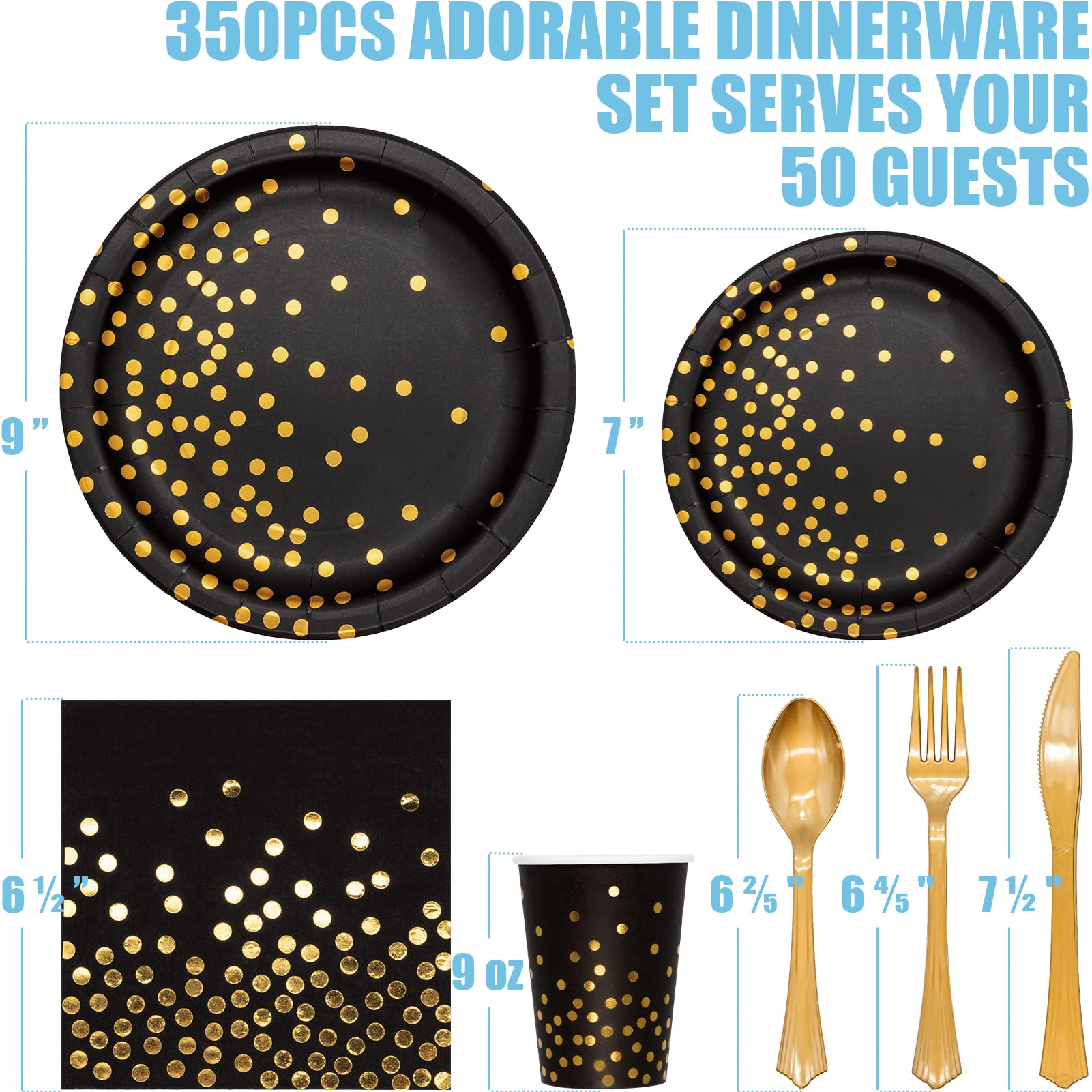 Black and Gold Party Supplies, 350PCS Disposable Dinnerware Set w/Black Paper Plates Napkin Cups Plastic Forks Knives Spoon for Women Men Birthday Christmas Retirement New Year Eve 2025 Decorations