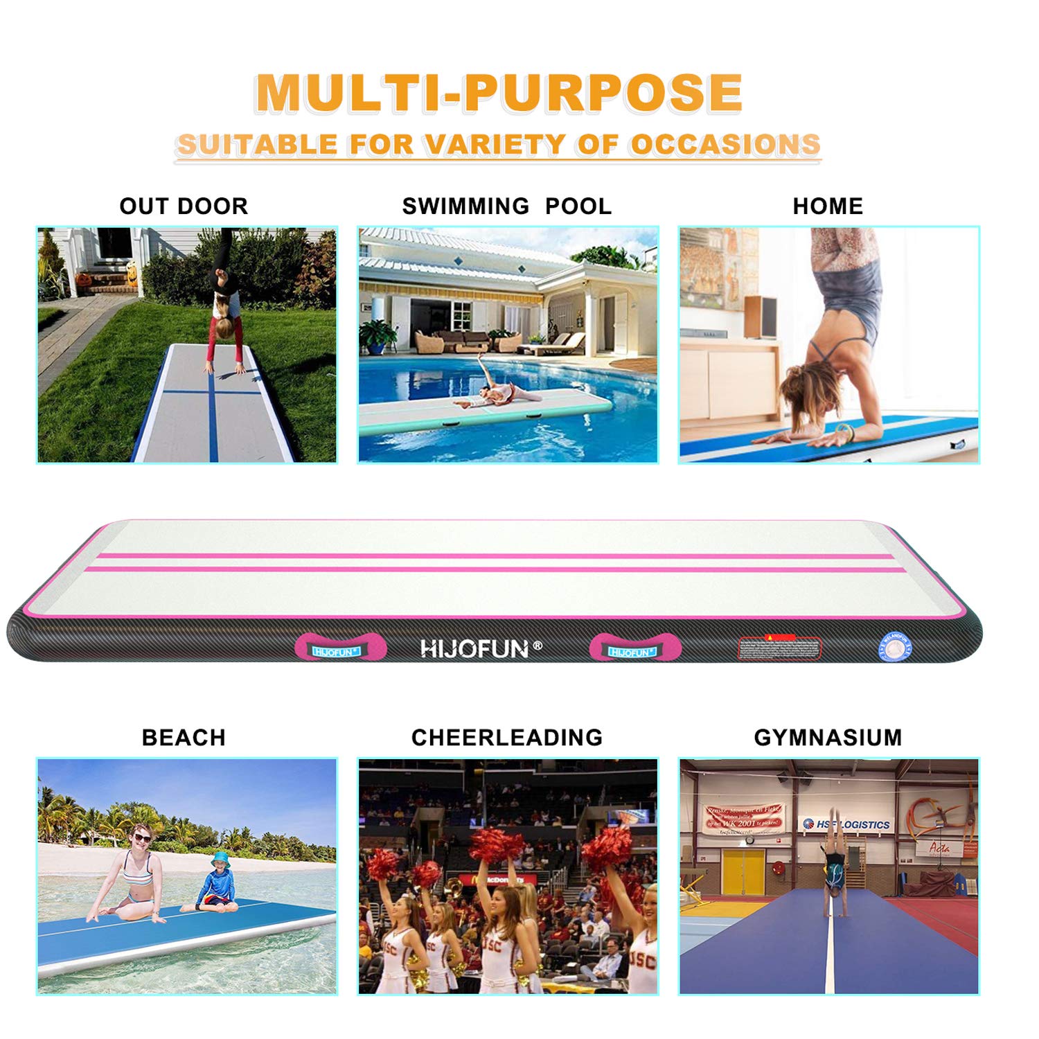 HIJOFUN Premium Air Mat Track 10ftx3.3ftx8in Gymnastics Tumbling Mat for Flipping Inflatable Tumble Track with 650W Electric Air Pump for Home Kids,Gym,Yoga,Training,Cheerleading,Outdoor Pink Black