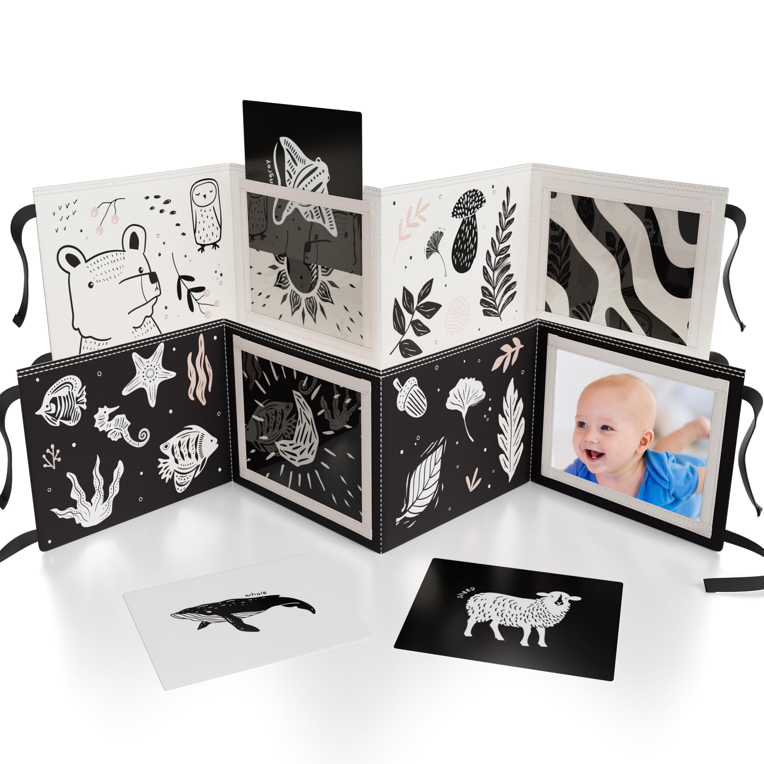 Soft Tummy Time Book w/ Stimulating Baby Safe Mirror - Fun Black and White Montessori Toy w/ Crinkle Filling & 20 High Contrast Designs - Perfect Newborn Toy For Safe and Early Infant Development